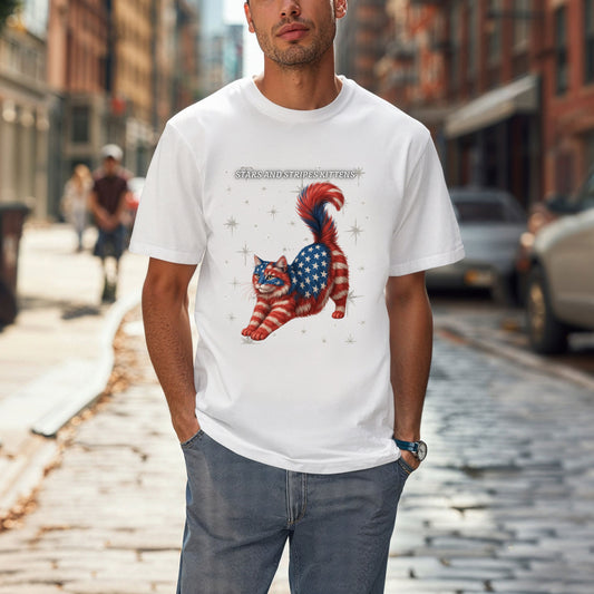 Stars and Stripes Cat Unisex Tee Funny USA Flag Kitty Graphic Tee Patriotic Cat Shirt for 4th of July Norwegian Forest  Cat Lover Gift