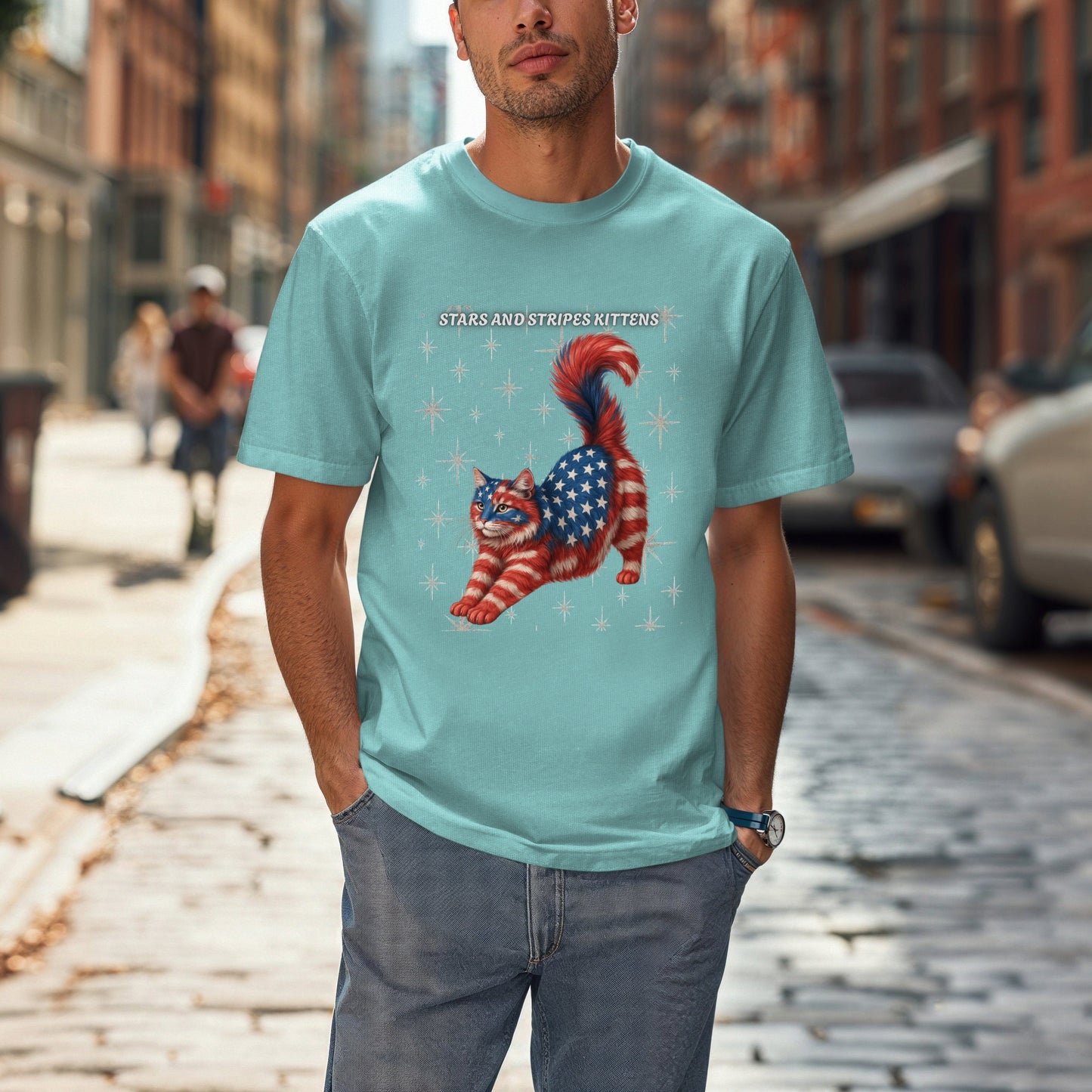 Stars and Stripes Cat Unisex Tee Funny USA Flag Kitty Graphic Tee Patriotic Cat Shirt for 4th of July Norwegian Forest  Cat Lover Gift