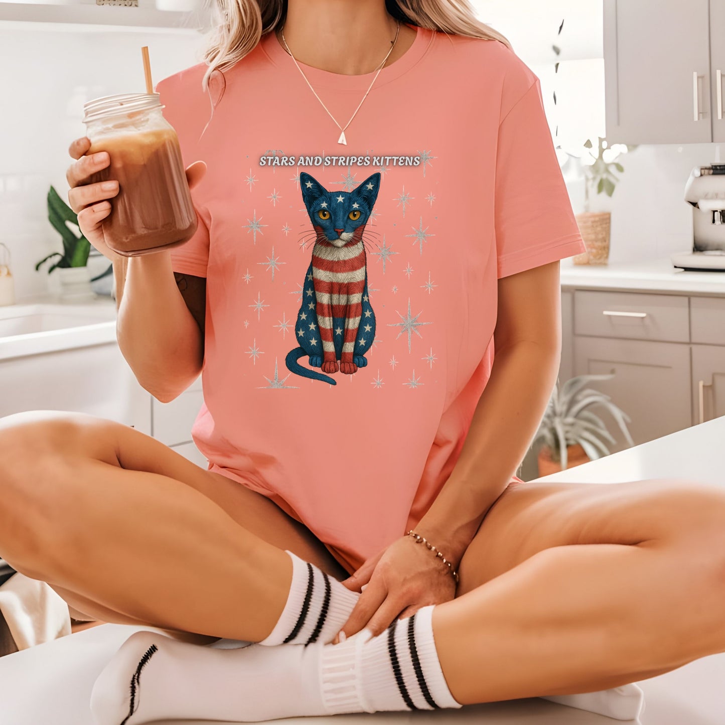 Stars and Stripes Cat Unisex Tee Funny USA Flag Kitty Graphic Tee Patriotic Cat Shirt for 4th of July Siamese Cat Lover Gift