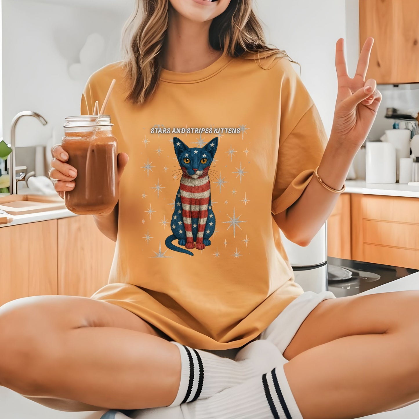 Stars and Stripes Cat Unisex Tee Funny USA Flag Kitty Graphic Tee Patriotic Cat Shirt for 4th of July Siamese Cat Lover Gift