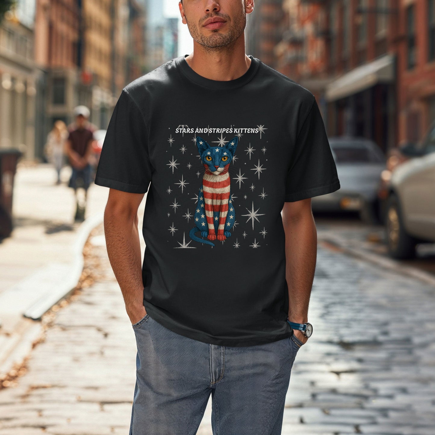 Stars and Stripes Cat Unisex Tee Funny USA Flag Kitty Graphic Tee Patriotic Cat Shirt for 4th of July Siamese Cat Lover Gift