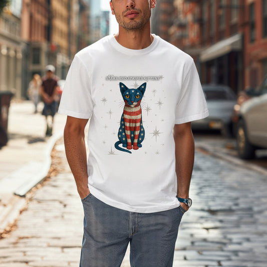 Stars and Stripes Cat Unisex Tee Funny USA Flag Kitty Graphic Tee Patriotic Cat Shirt for 4th of July Siamese Cat Lover Gift