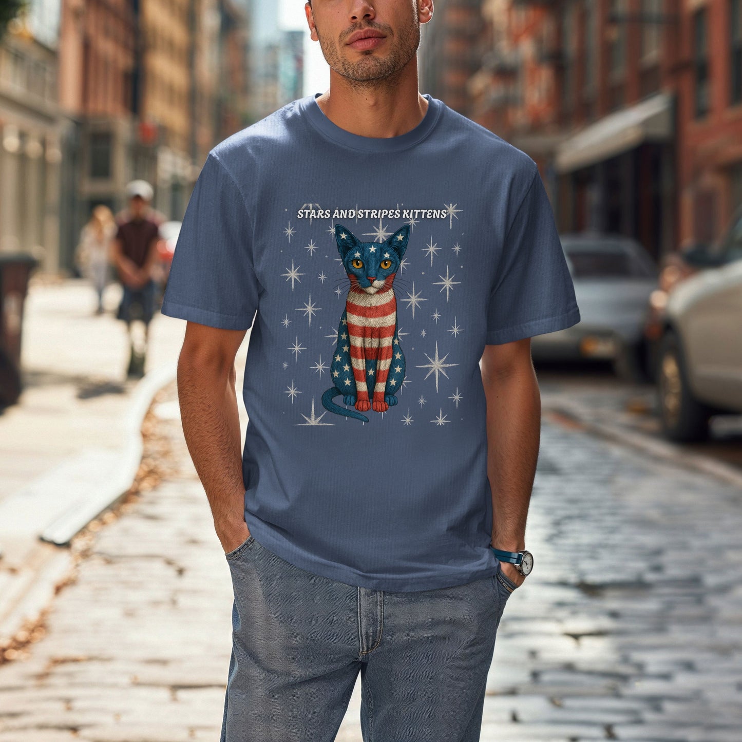 Stars and Stripes Cat Unisex Tee Funny USA Flag Kitty Graphic Tee Patriotic Cat Shirt for 4th of July Siamese Cat Lover Gift