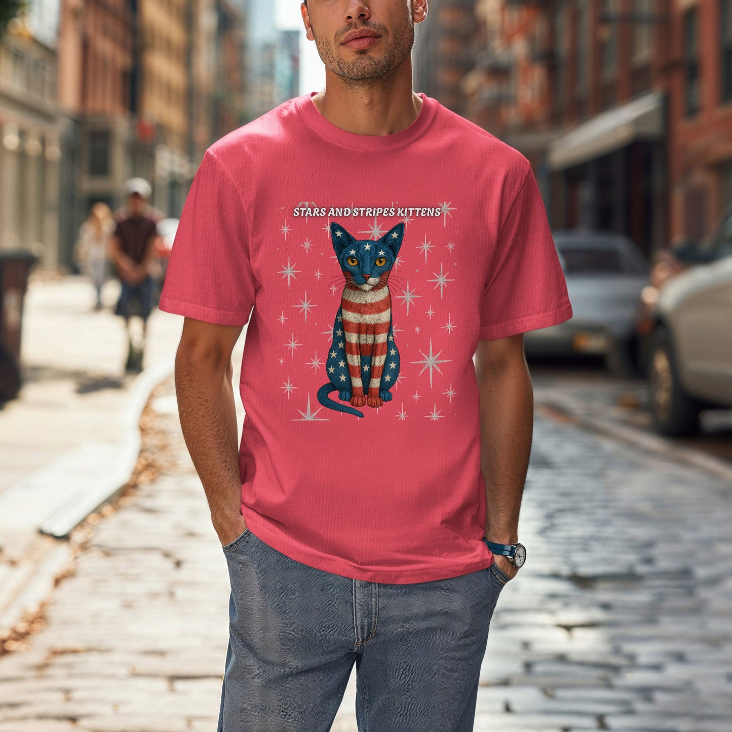 Stars and Stripes Cat Unisex Tee Funny USA Flag Kitty Graphic Tee Patriotic Cat Shirt for 4th of July Siamese Cat Lover Gift
