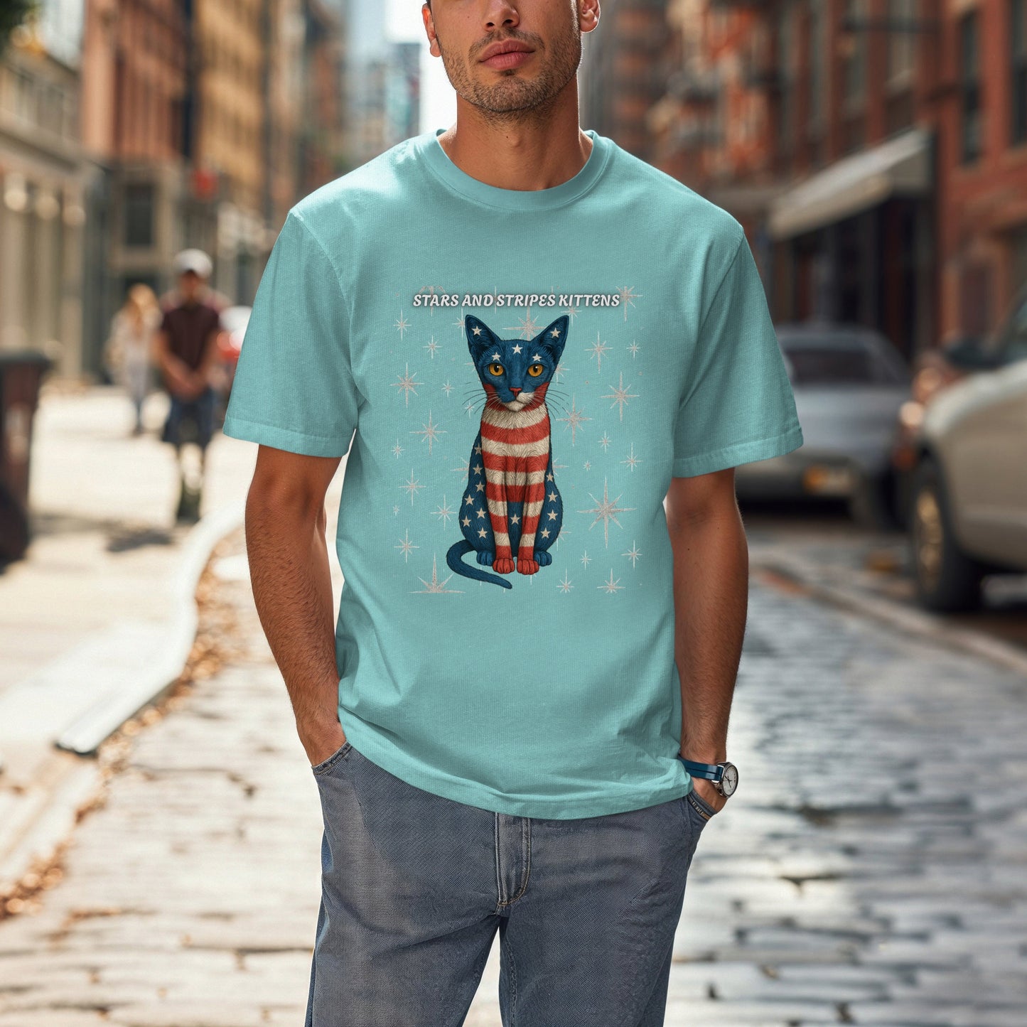 Stars and Stripes Cat Unisex Tee Funny USA Flag Kitty Graphic Tee Patriotic Cat Shirt for 4th of July Siamese Cat Lover Gift