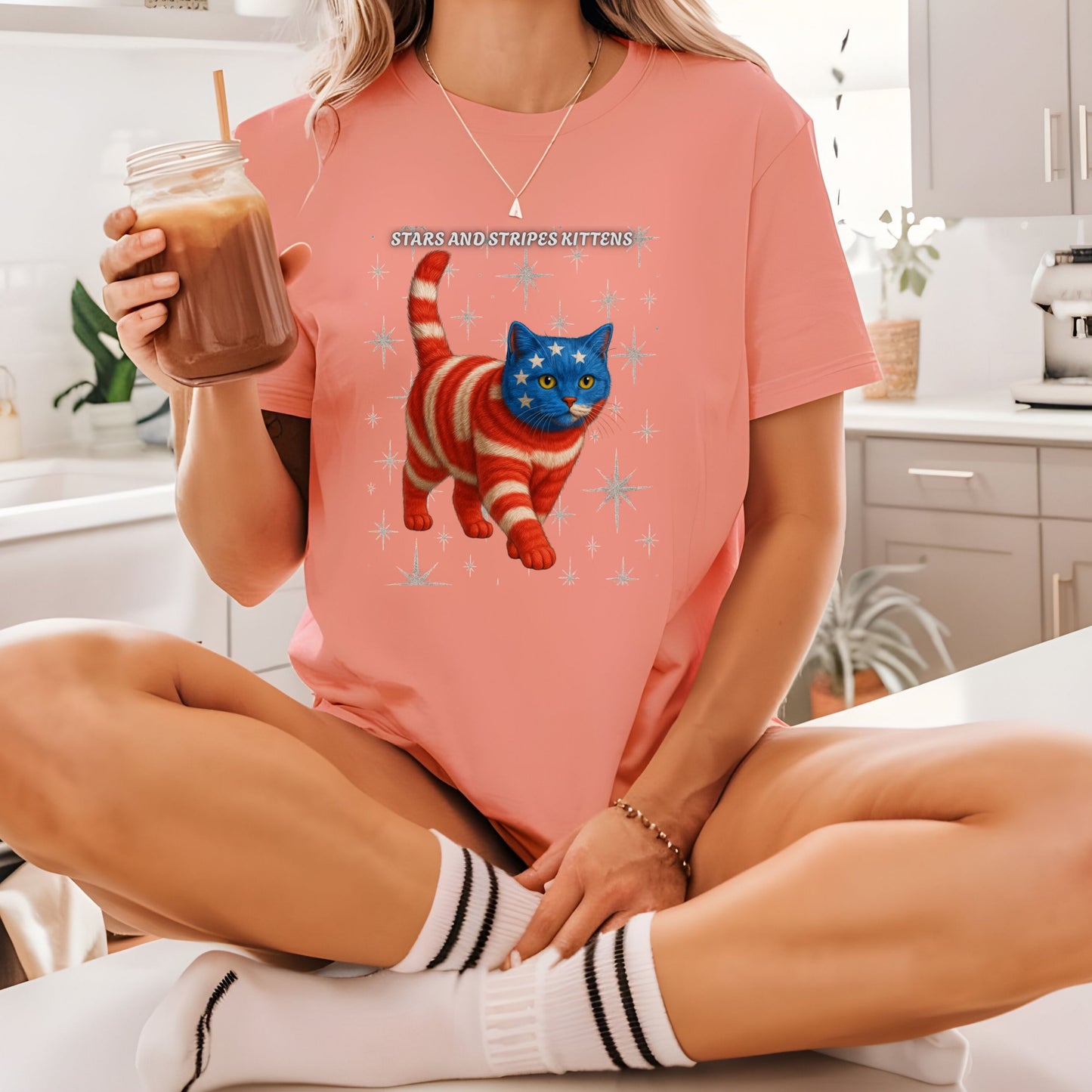Stars and Stripes Cat Unisex Tee Funny USA Flag Kitty Graphic Tee Patriotic Cat Shirt for 4th of July British Shorthair Cat Lover Gift