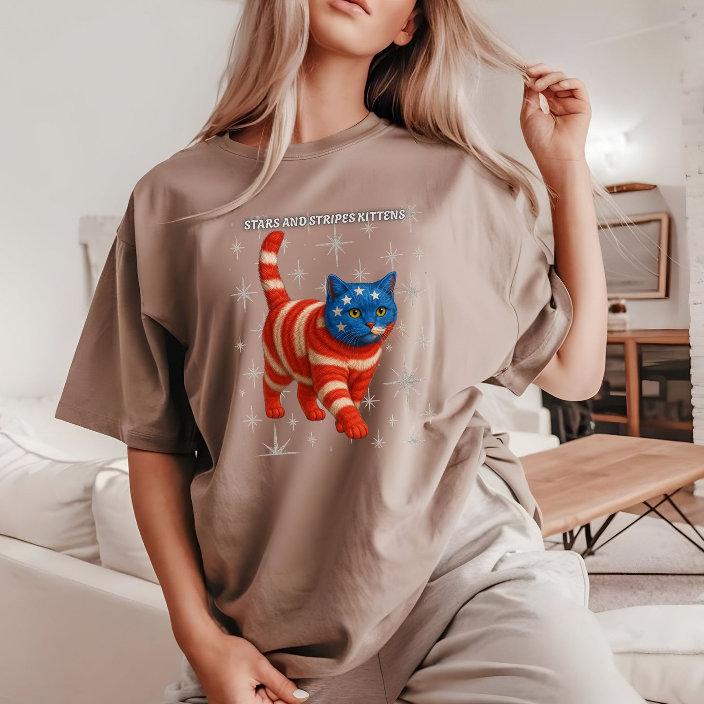 Stars and Stripes Cat Unisex Tee Funny USA Flag Kitty Graphic Tee Patriotic Cat Shirt for 4th of July British Shorthair Cat Lover Gift