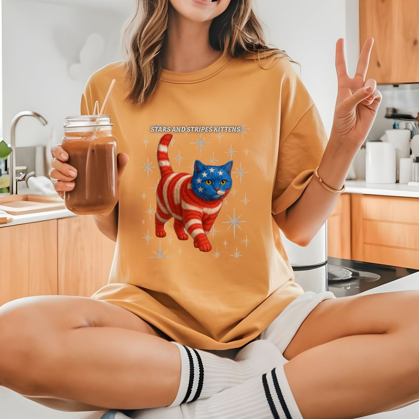 Stars and Stripes Cat Unisex Tee Funny USA Flag Kitty Graphic Tee Patriotic Cat Shirt for 4th of July British Shorthair Cat Lover Gift