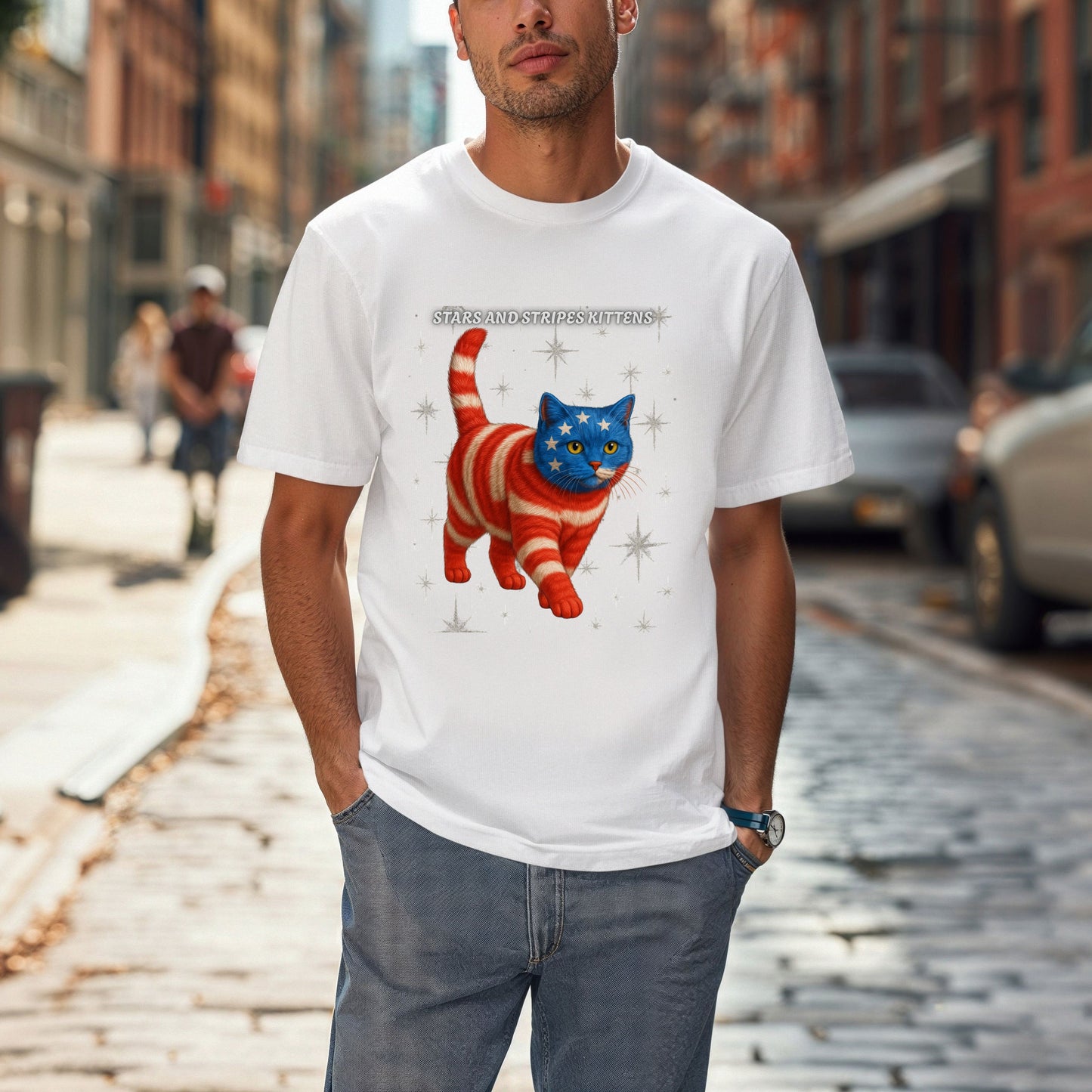 Stars and Stripes Cat Unisex Tee Funny USA Flag Kitty Graphic Tee Patriotic Cat Shirt for 4th of July British Shorthair Cat Lover Gift