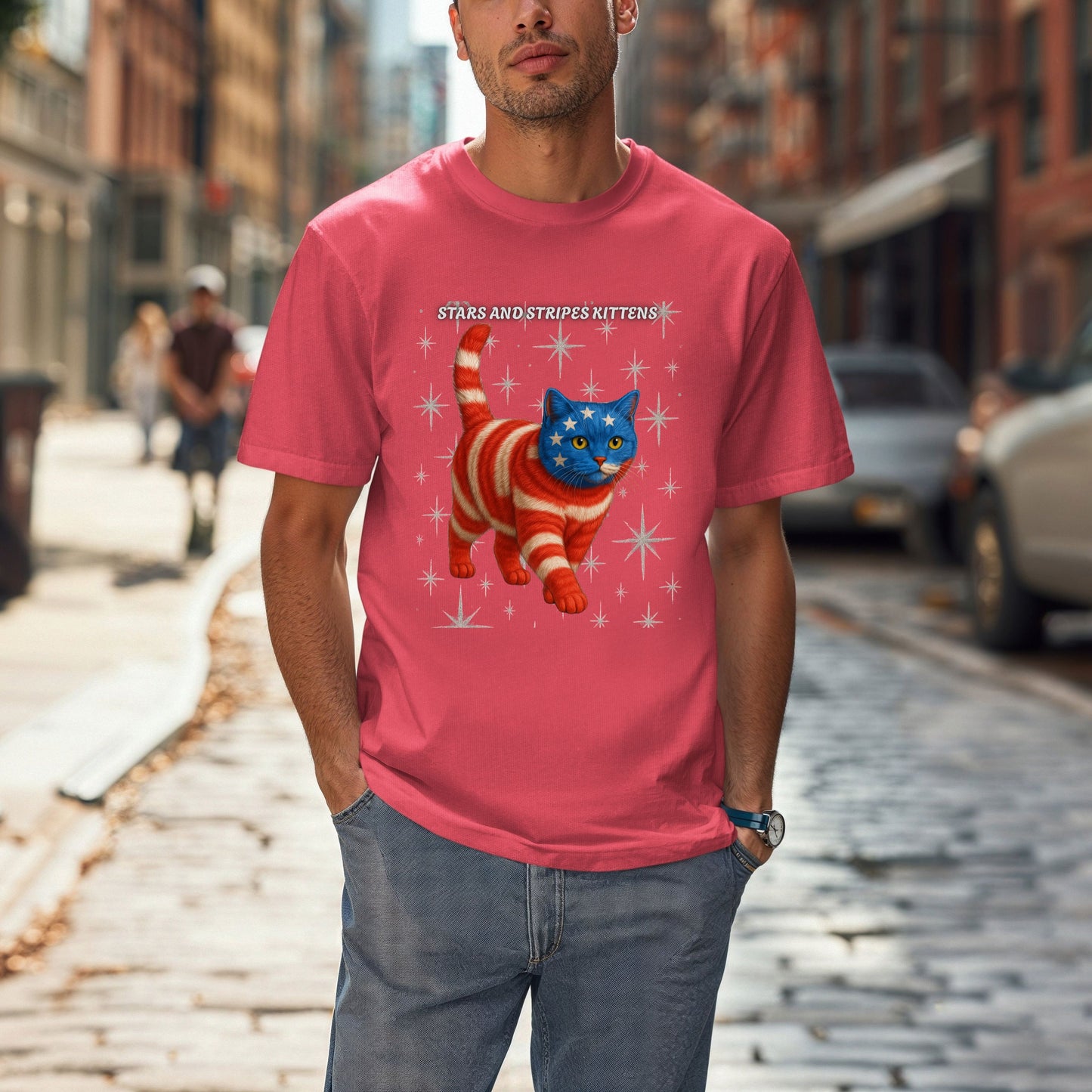 Stars and Stripes Cat Unisex Tee Funny USA Flag Kitty Graphic Tee Patriotic Cat Shirt for 4th of July British Shorthair Cat Lover Gift