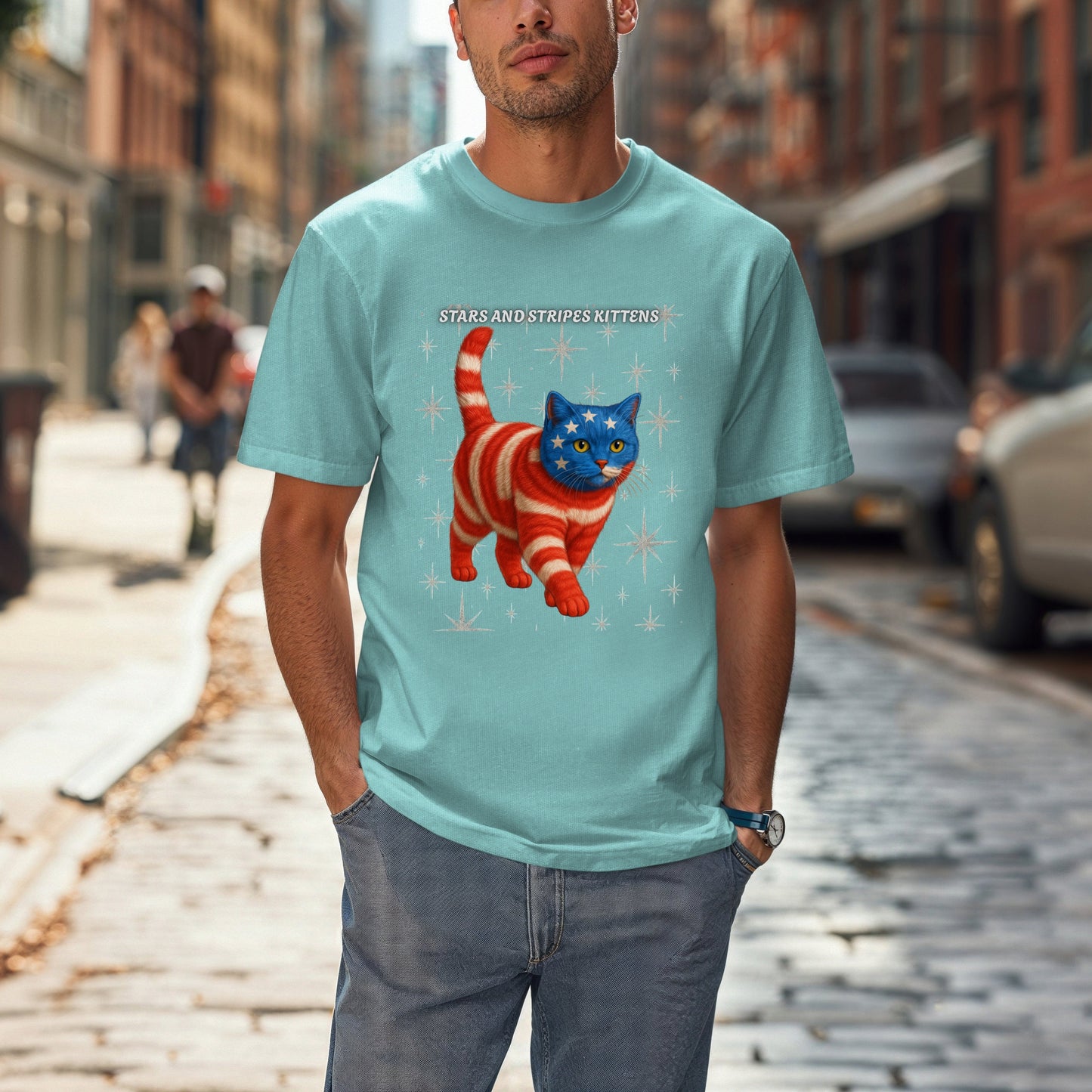 Stars and Stripes Cat Unisex Tee Funny USA Flag Kitty Graphic Tee Patriotic Cat Shirt for 4th of July British Shorthair Cat Lover Gift