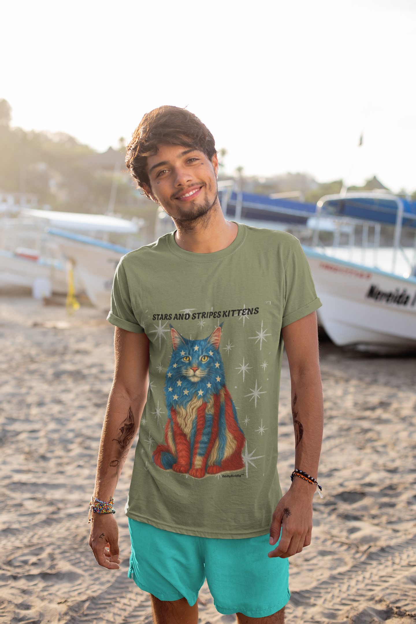 Stars and Stripes Cat Unisex T-Shirt  Funny USA Flag Kitty Graphic Tee Patriotic Cat Shirt for 4th of July Maine Coon Style Cat Lover Gift