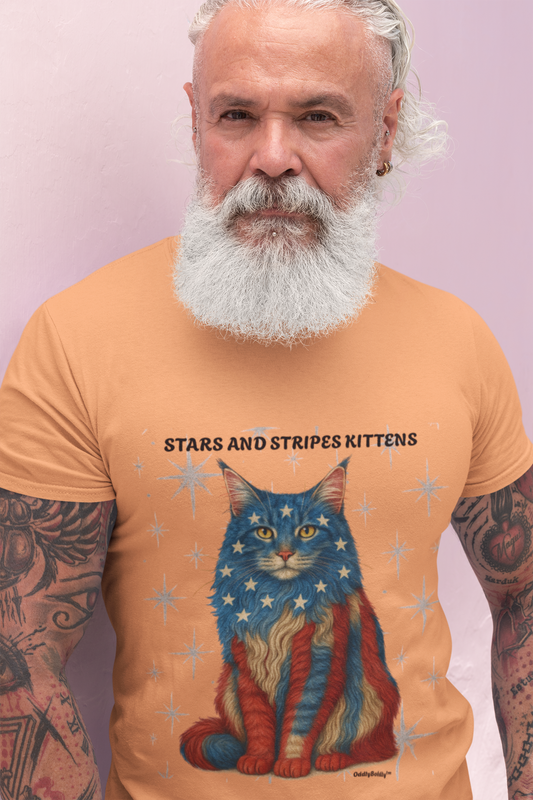 Stars and Stripes Cat Unisex T-Shirt  Funny USA Flag Kitty Graphic Tee Patriotic Cat Shirt for 4th of July Maine Coon Style Cat Lover Gift