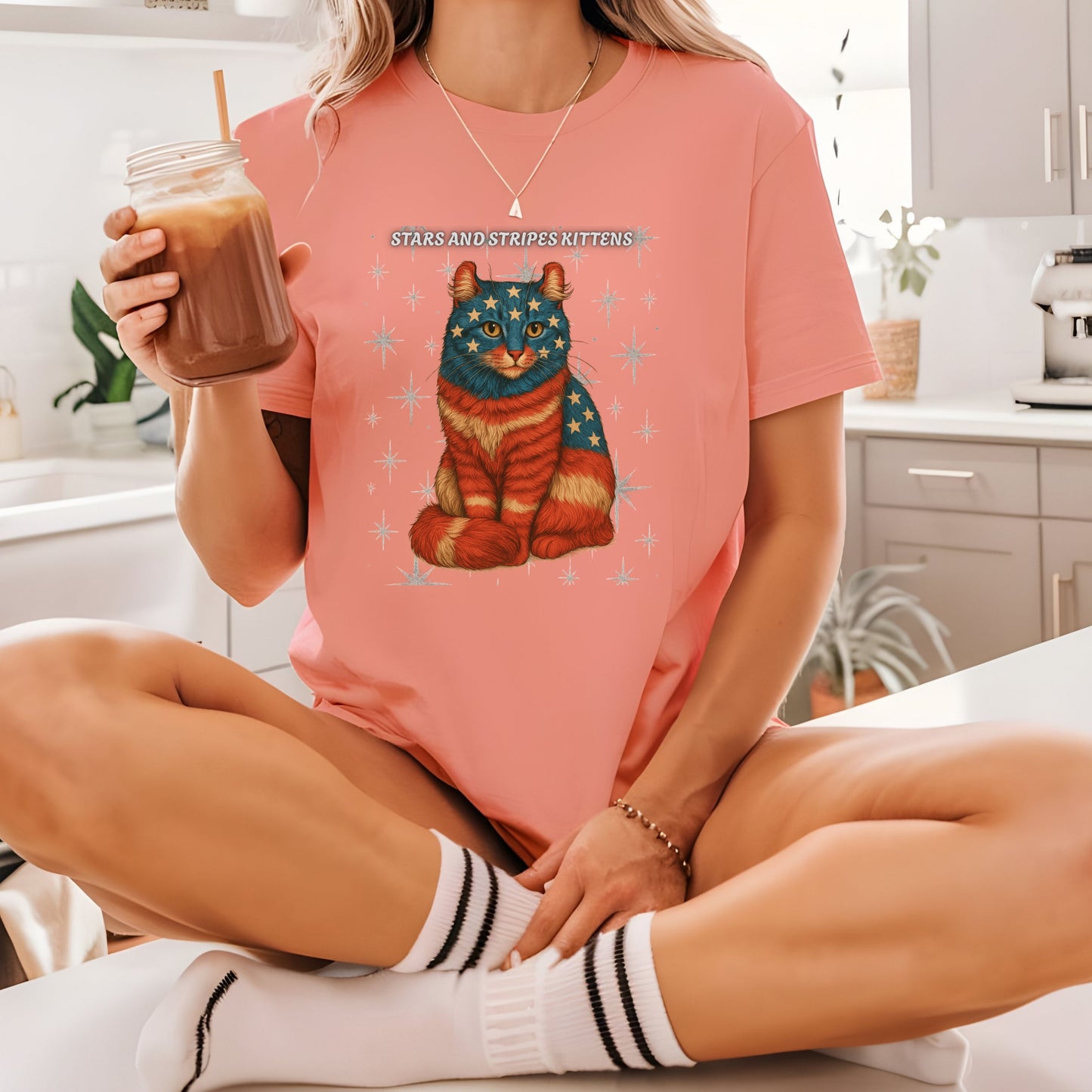Stars and Stripes Cat Unisex Tee Funny USA Flag Kitty Graphic Tee Patriotic Cat Shirt for 4th of July American Curl Cat Lovers Gift
