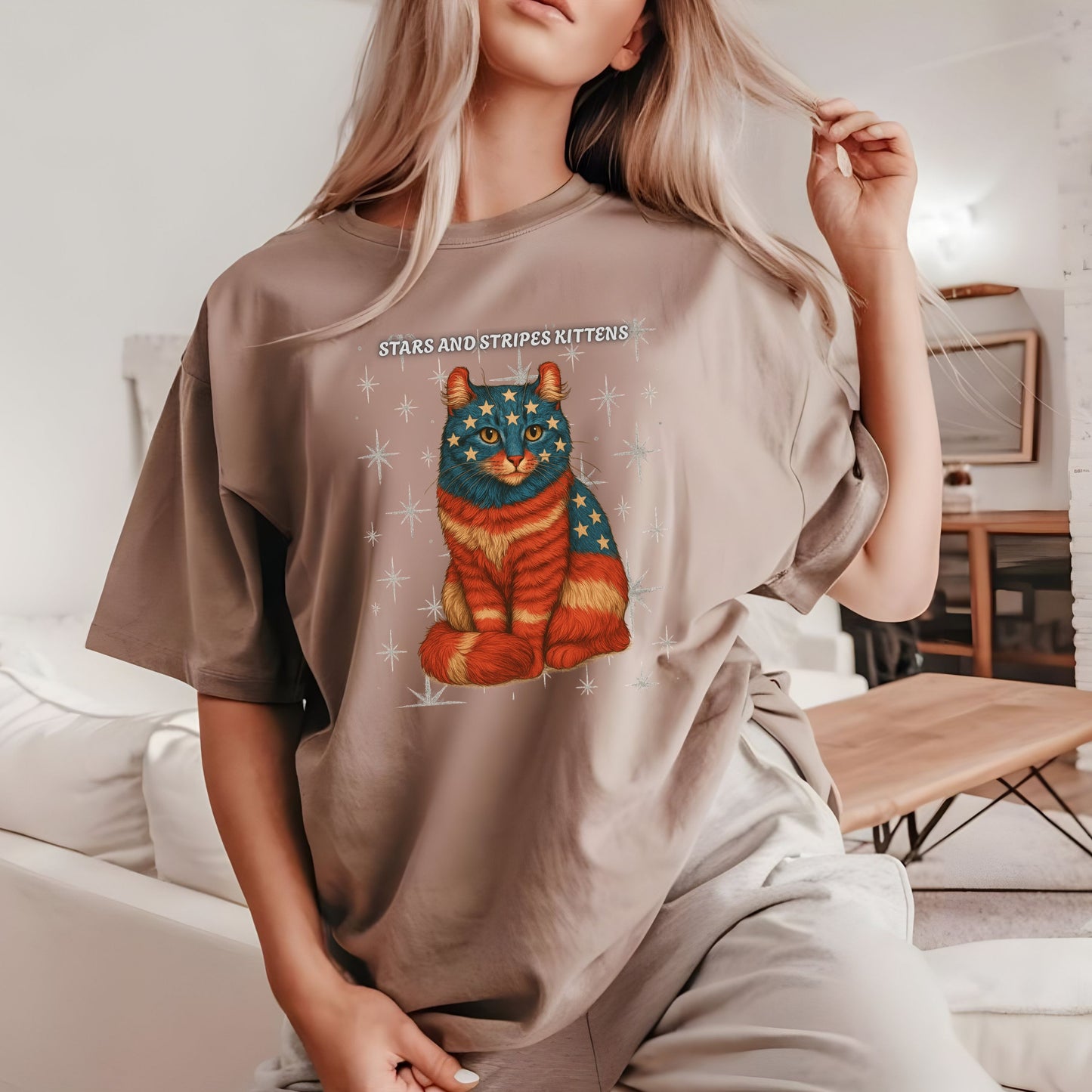 Stars and Stripes Cat Unisex Tee Funny USA Flag Kitty Graphic Tee Patriotic Cat Shirt for 4th of July American Curl Cat Lovers Gift