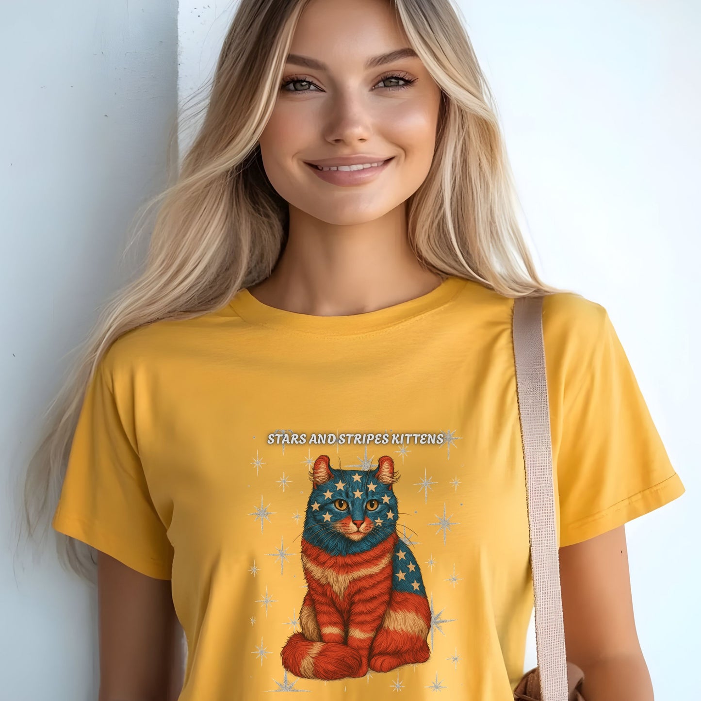 Stars and Stripes Cat Unisex Tee Funny USA Flag Kitty Graphic Tee Patriotic Cat Shirt for 4th of July American Curl Cat Lovers Gift