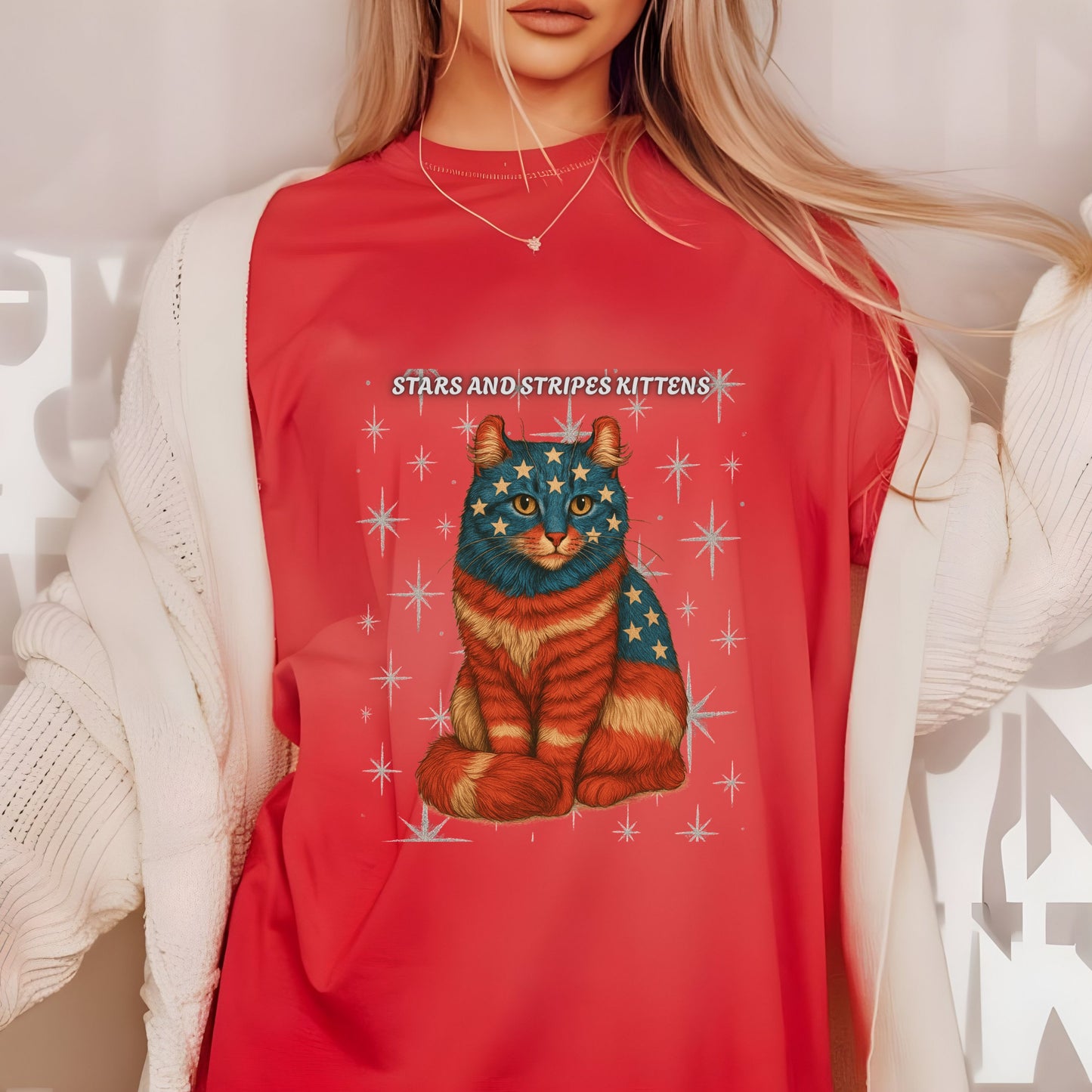 Stars and Stripes Cat Unisex Tee Funny USA Flag Kitty Graphic Tee Patriotic Cat Shirt for 4th of July American Curl Cat Lovers Gift