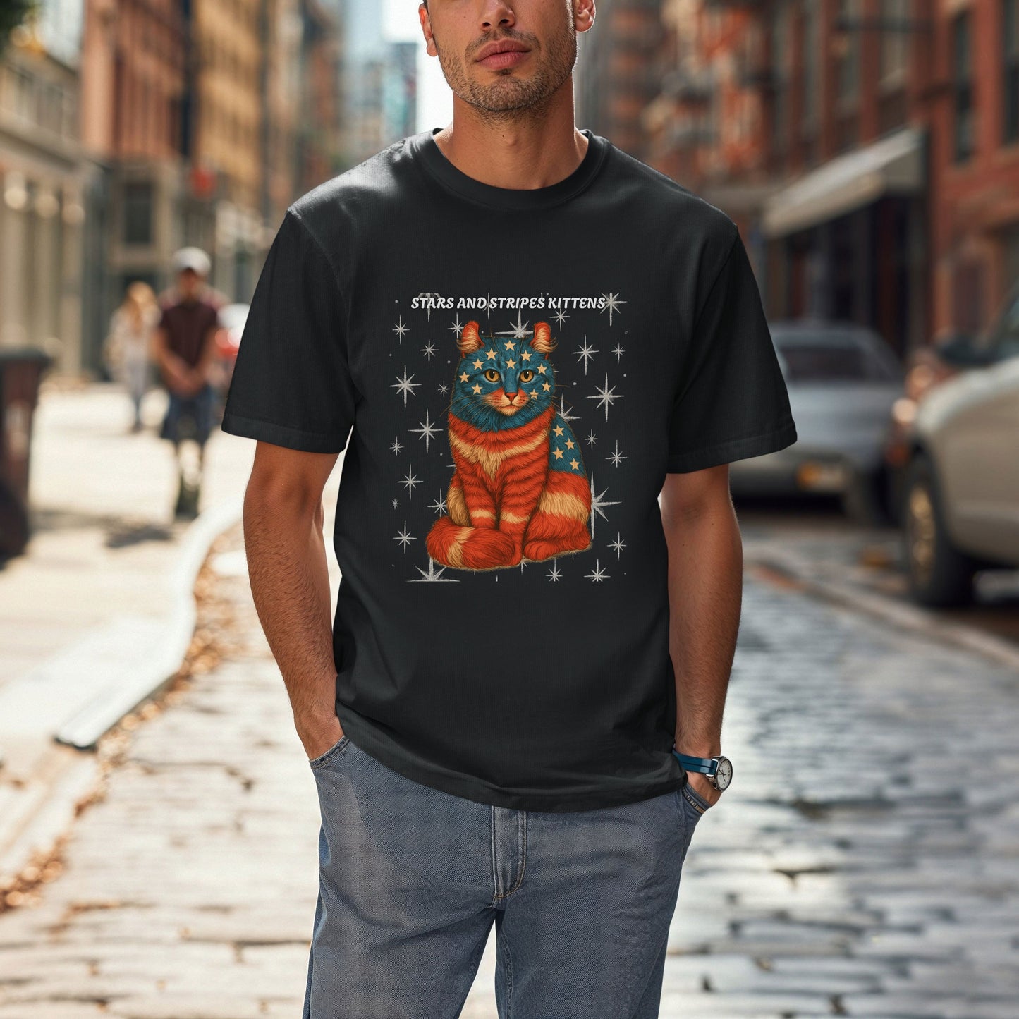 Stars and Stripes Cat Unisex Tee Funny USA Flag Kitty Graphic Tee Patriotic Cat Shirt for 4th of July American Curl Cat Lovers Gift