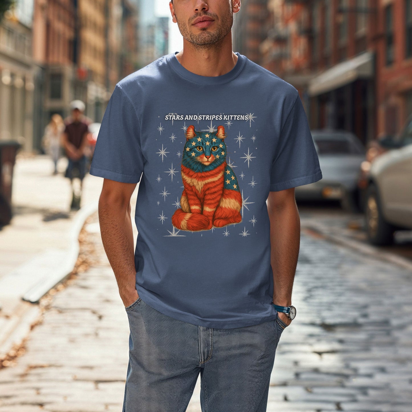 Stars and Stripes Cat Unisex Tee Funny USA Flag Kitty Graphic Tee Patriotic Cat Shirt for 4th of July American Curl Cat Lovers Gift