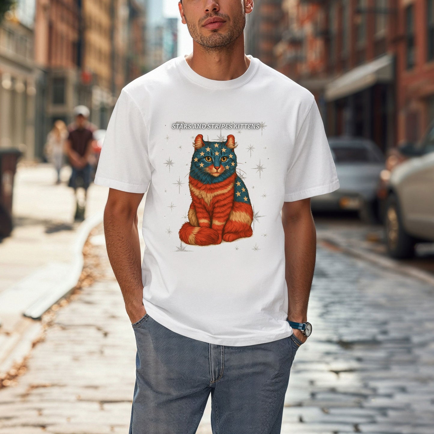 Stars and Stripes Cat Unisex Tee Funny USA Flag Kitty Graphic Tee Patriotic Cat Shirt for 4th of July American Curl Cat Lovers Gift