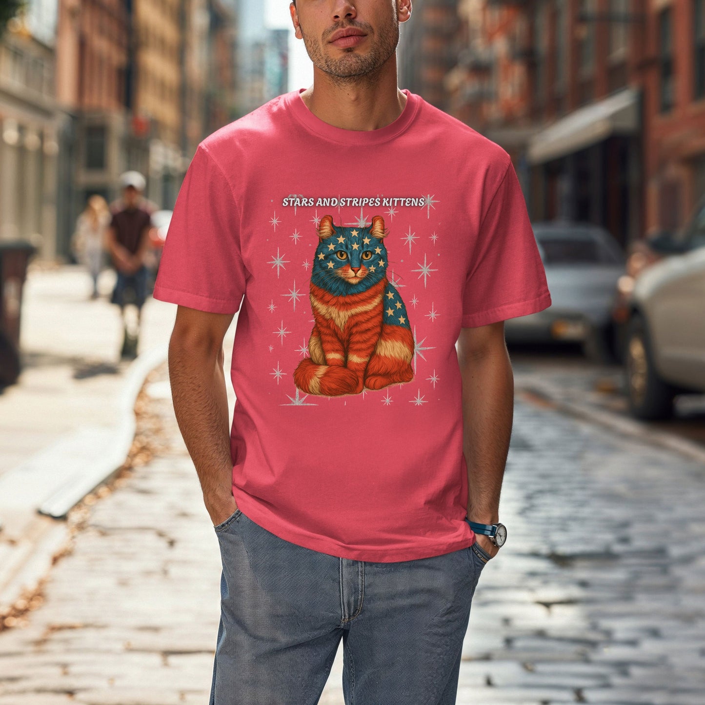 Stars and Stripes Cat Unisex Tee Funny USA Flag Kitty Graphic Tee Patriotic Cat Shirt for 4th of July American Curl Cat Lovers Gift