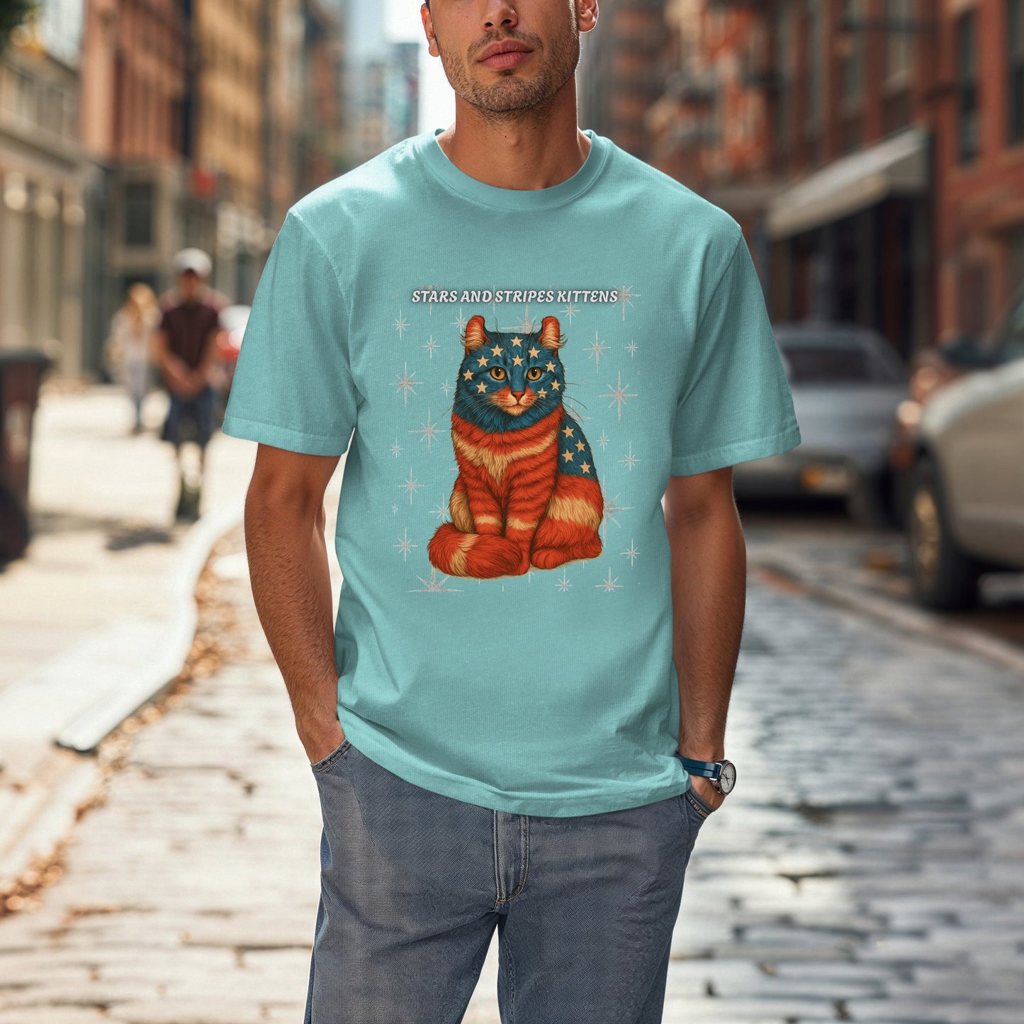 Stars and Stripes Cat Unisex Tee Funny USA Flag Kitty Graphic Tee Patriotic Cat Shirt for 4th of July American Curl Cat Lovers Gift