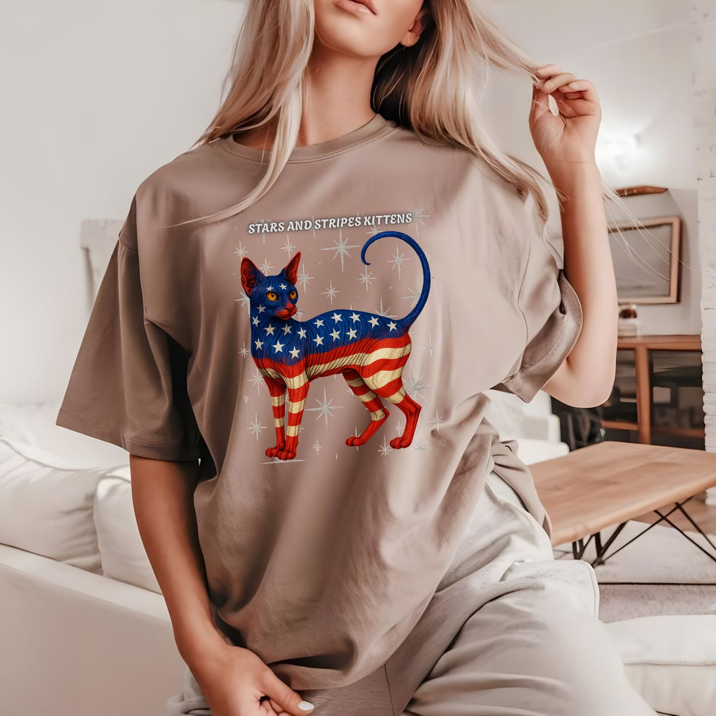 Stars and Stripes Cat Unisex Tee Funny USA Flag Kitty Graphic Tee Patriotic Cat Shirt for 4th of July Sphynx Cat Lovers Gift