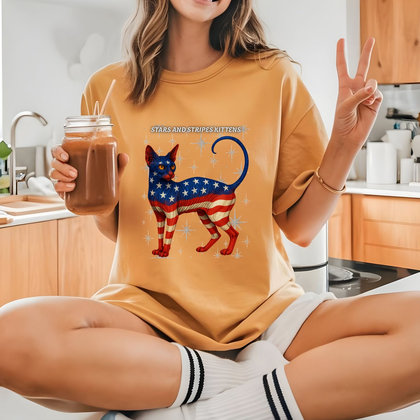 Stars and Stripes Cat Unisex Tee Funny USA Flag Kitty Graphic Tee Patriotic Cat Shirt for 4th of July Sphynx Cat Lovers Gift