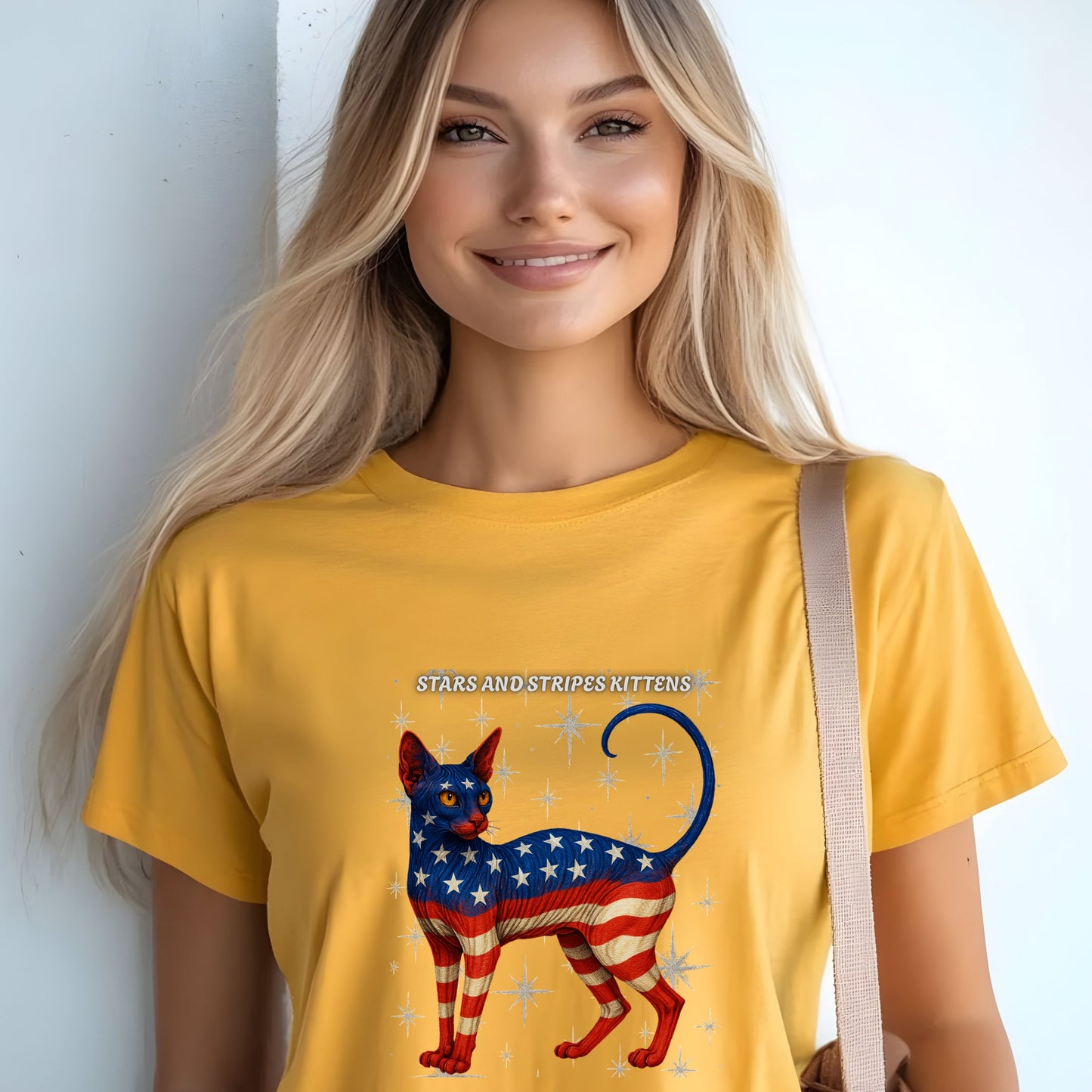 Stars and Stripes Cat Unisex Tee Funny USA Flag Kitty Graphic Tee Patriotic Cat Shirt for 4th of July Sphynx Cat Lovers Gift
