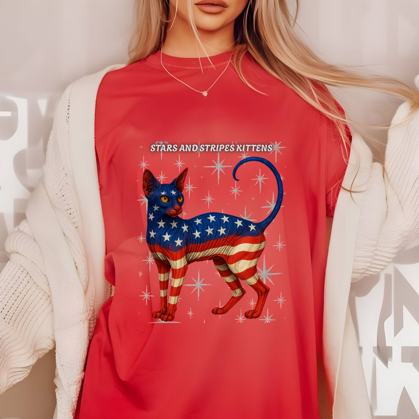 Stars and Stripes Cat Unisex Tee Funny USA Flag Kitty Graphic Tee Patriotic Cat Shirt for 4th of July Sphynx Cat Lovers Gift