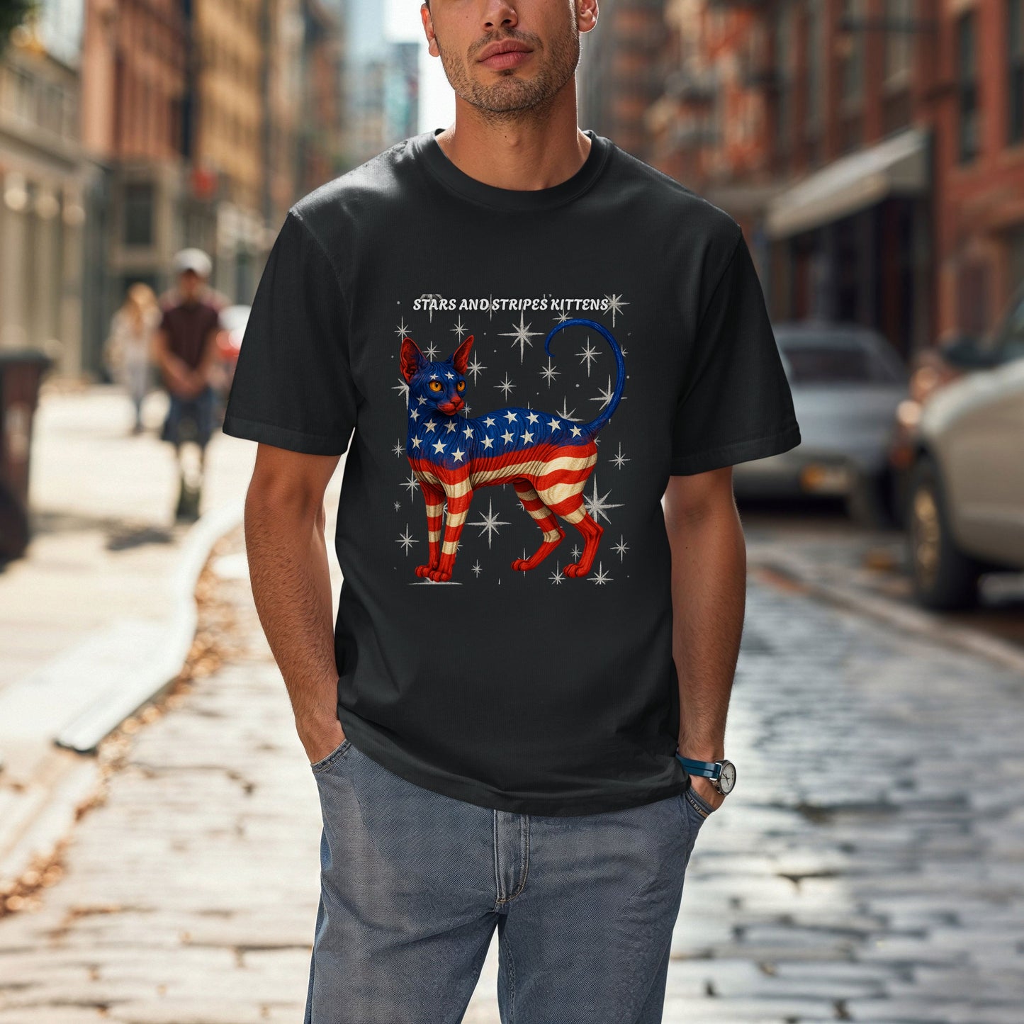 Stars and Stripes Cat Unisex Tee Funny USA Flag Kitty Graphic Tee Patriotic Cat Shirt for 4th of July Sphynx Cat Lovers Gift