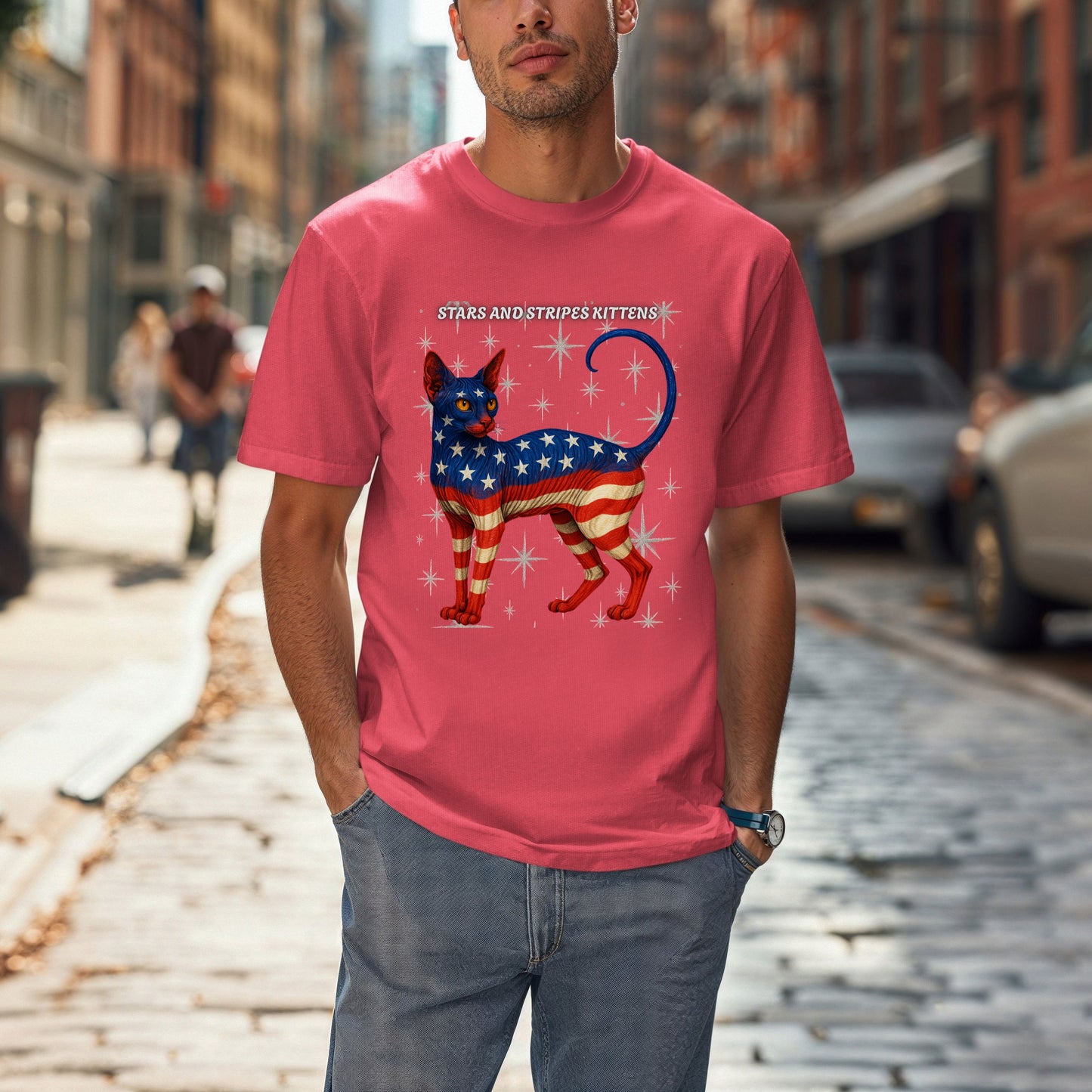 Stars and Stripes Cat Unisex Tee Funny USA Flag Kitty Graphic Tee Patriotic Cat Shirt for 4th of July Sphynx Cat Lovers Gift