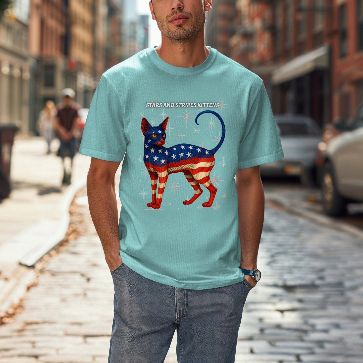 Stars and Stripes Cat Unisex Tee Funny USA Flag Kitty Graphic Tee Patriotic Cat Shirt for 4th of July Sphynx Cat Lovers Gift