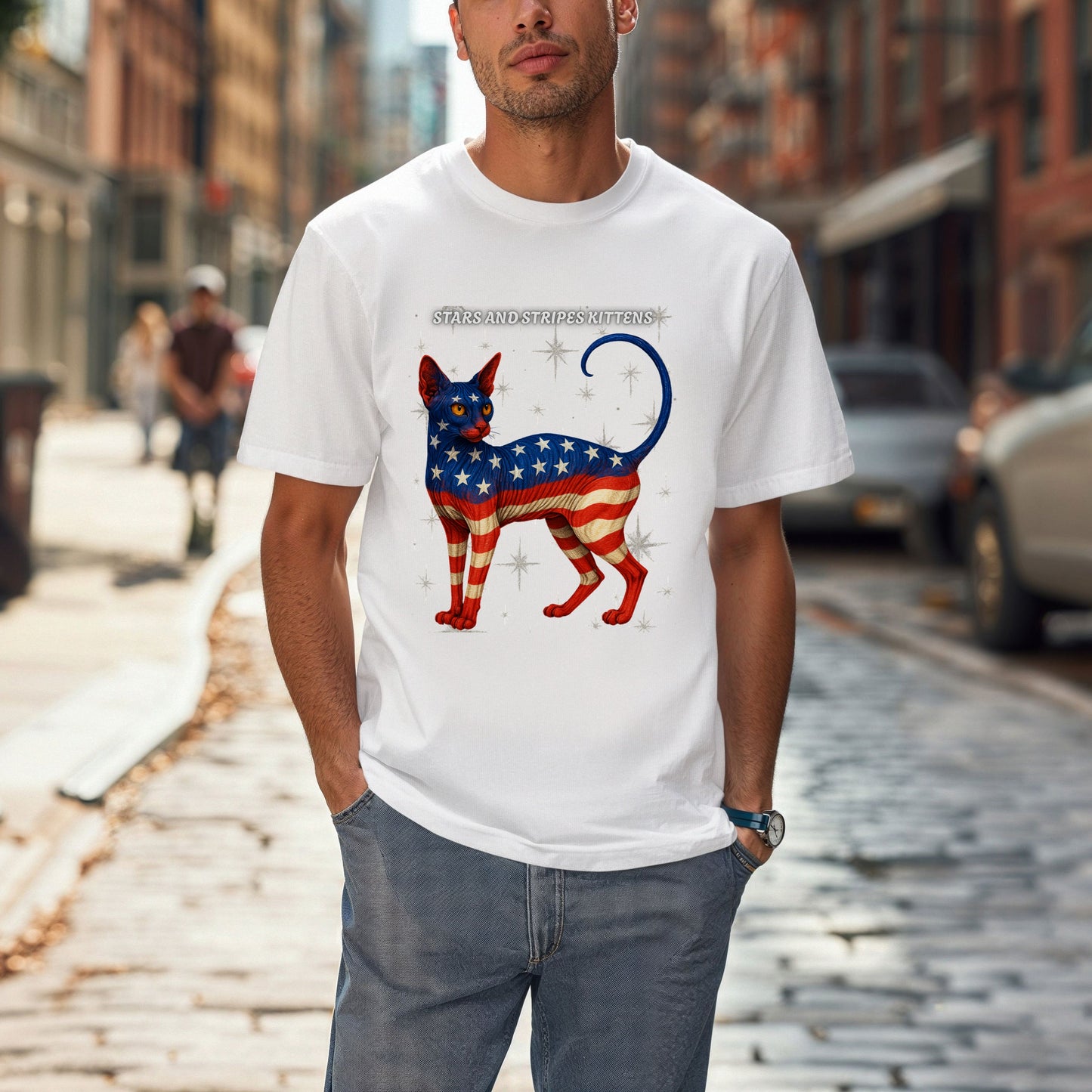 Stars and Stripes Cat Unisex Tee Funny USA Flag Kitty Graphic Tee Patriotic Cat Shirt for 4th of July Sphynx Cat Lovers Gift