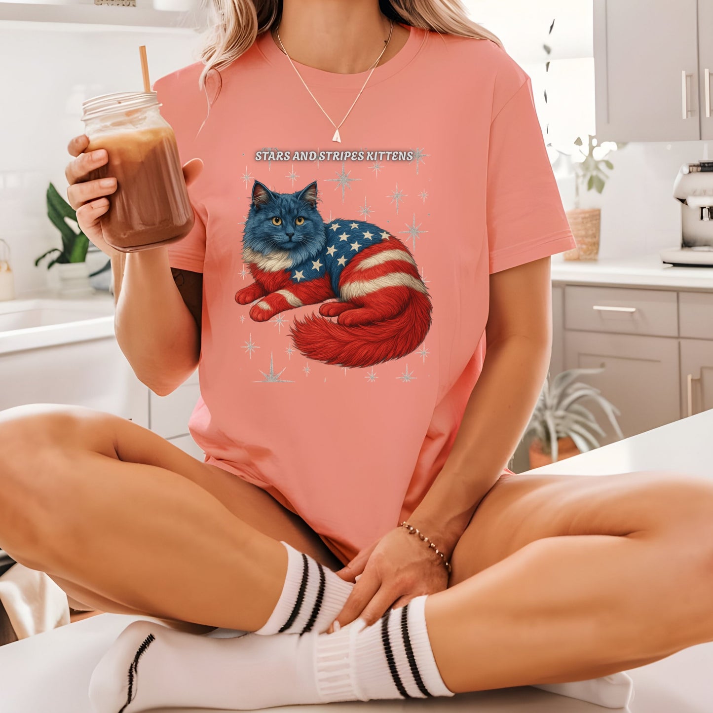 Stars and Stripes Cat Unisex Tee Funny USA Flag Kitty Graphic Tee Patriotic Cat Shirt for 4th of July Ragdoll Cat Lovers Gift