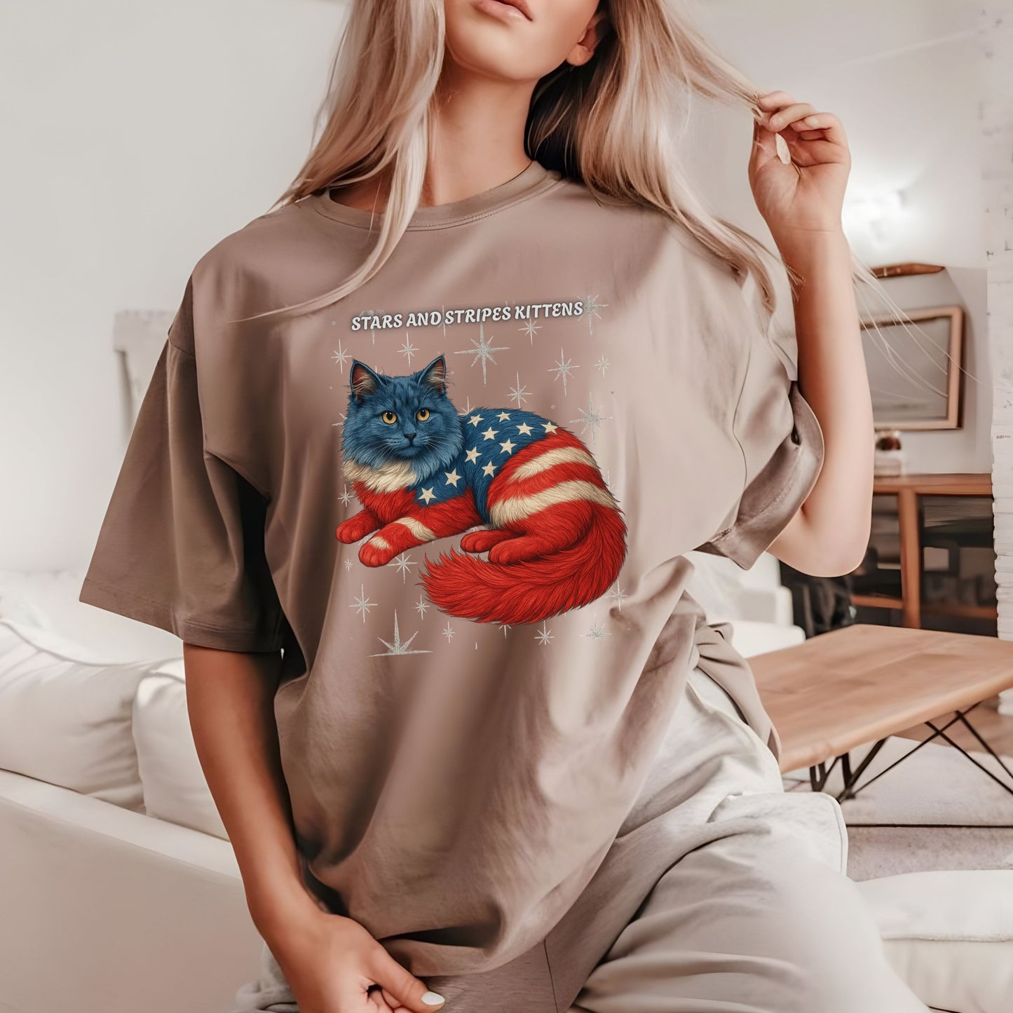 Stars and Stripes Cat Unisex Tee Funny USA Flag Kitty Graphic Tee Patriotic Cat Shirt for 4th of July Ragdoll Cat Lovers Gift
