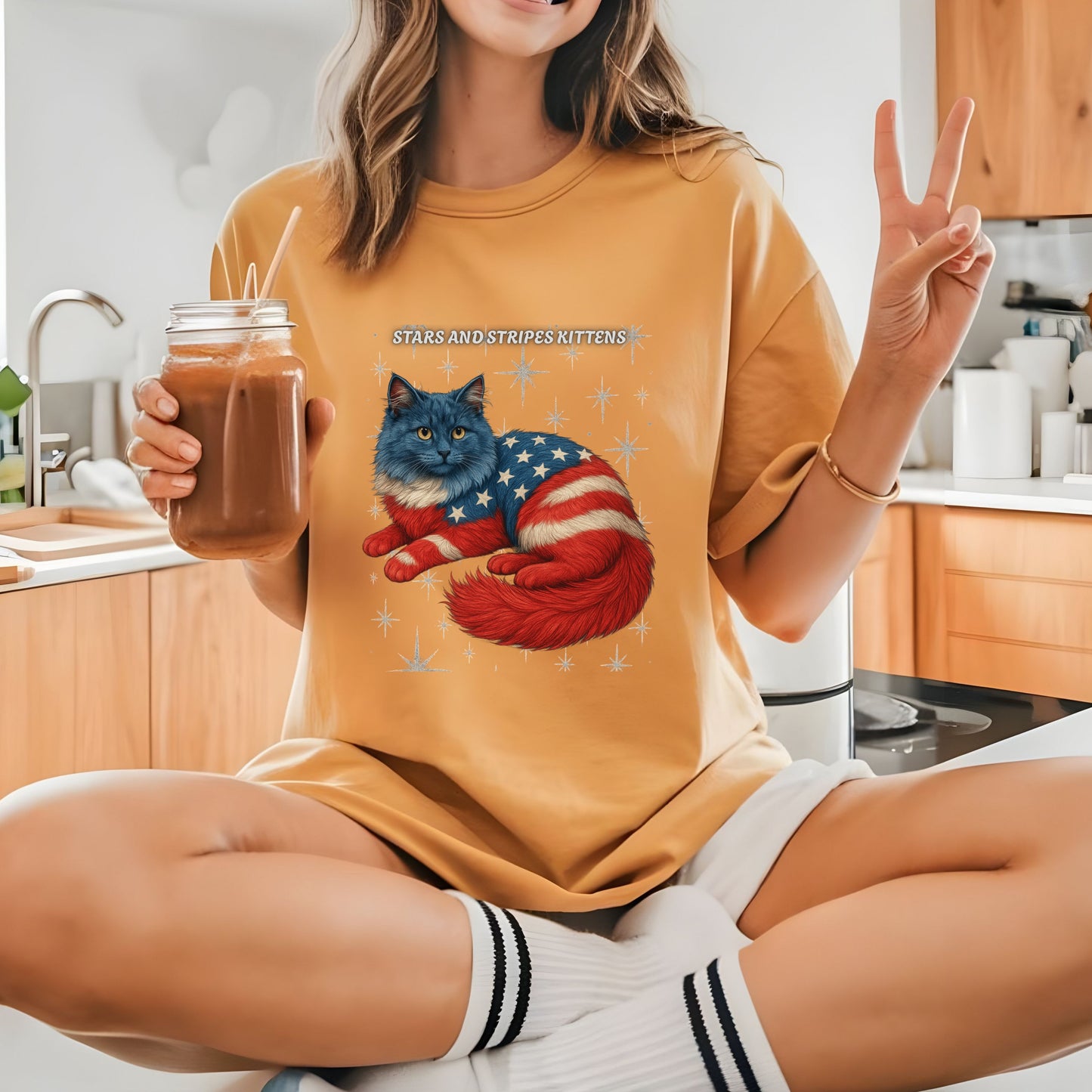 Stars and Stripes Cat Unisex Tee Funny USA Flag Kitty Graphic Tee Patriotic Cat Shirt for 4th of July Ragdoll Cat Lovers Gift