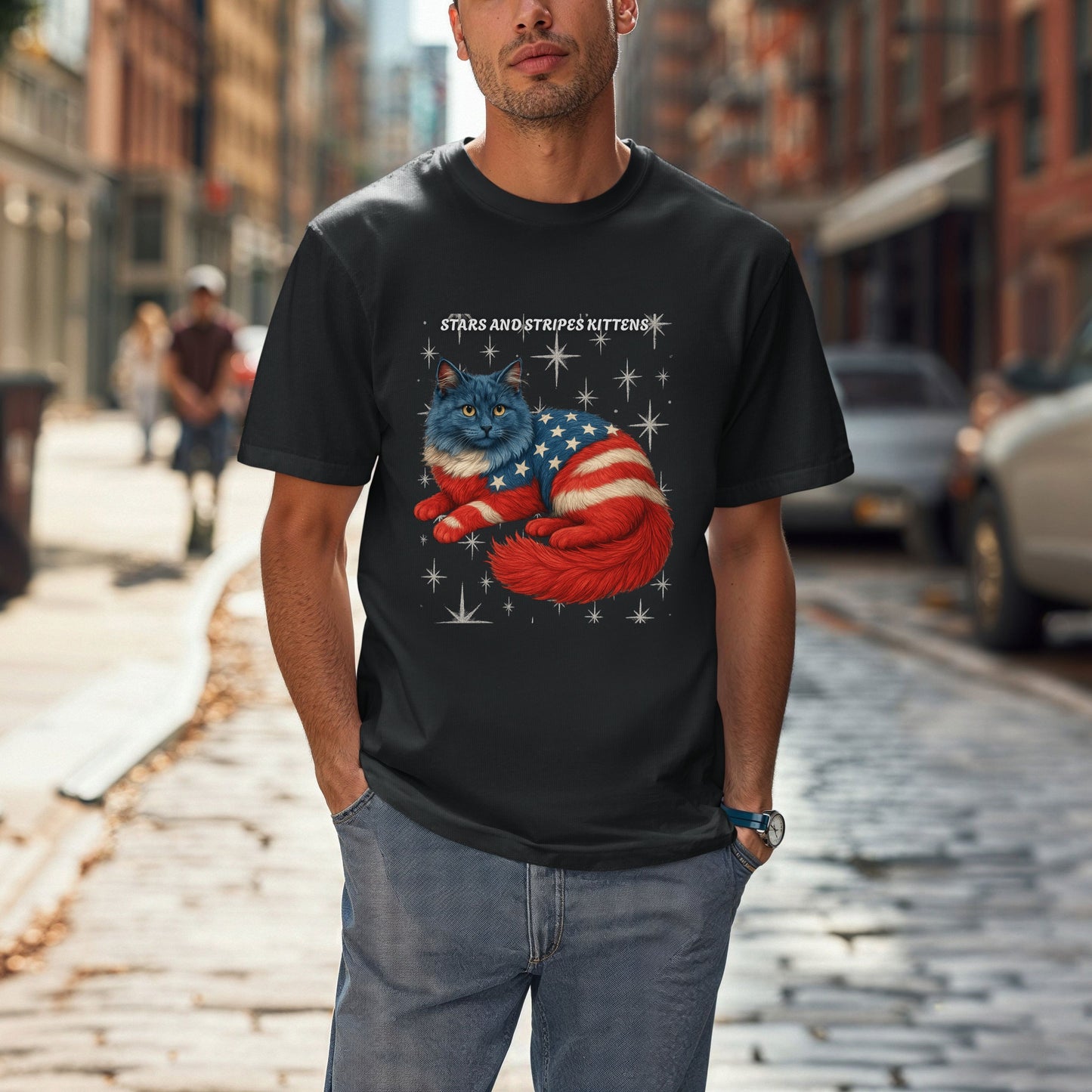 Stars and Stripes Cat Unisex Tee Funny USA Flag Kitty Graphic Tee Patriotic Cat Shirt for 4th of July Ragdoll Cat Lovers Gift