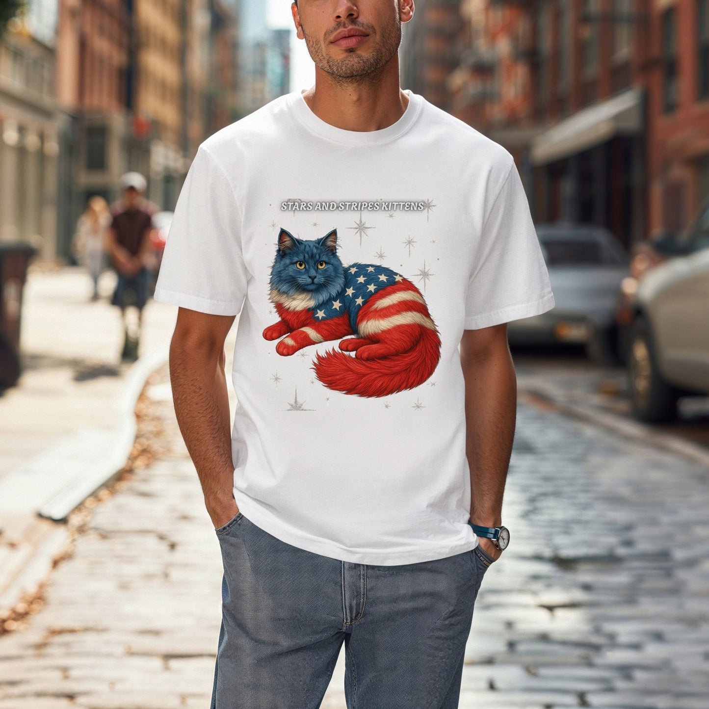 Stars and Stripes Cat Unisex Tee Funny USA Flag Kitty Graphic Tee Patriotic Cat Shirt for 4th of July Ragdoll Cat Lovers Gift