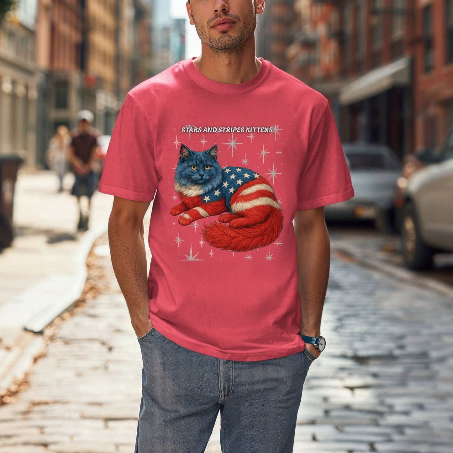 Stars and Stripes Cat Unisex Tee Funny USA Flag Kitty Graphic Tee Patriotic Cat Shirt for 4th of July Ragdoll Cat Lovers Gift