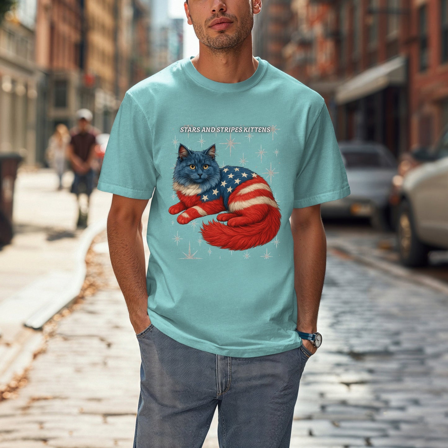 Stars and Stripes Cat Unisex Tee Funny USA Flag Kitty Graphic Tee Patriotic Cat Shirt for 4th of July Ragdoll Cat Lovers Gift