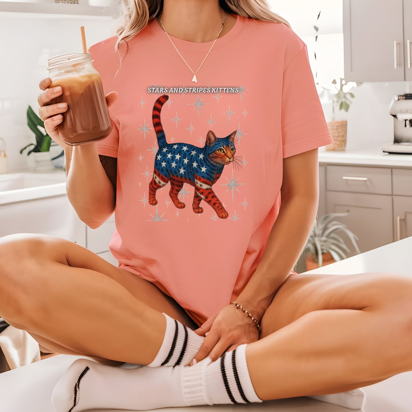 Stars and Stripes Cat Unisex Tee Funny USA Flag Kitty Graphic Tee Patriotic Cat Shirt for 4th of July Bengal Cat Lovers Gift