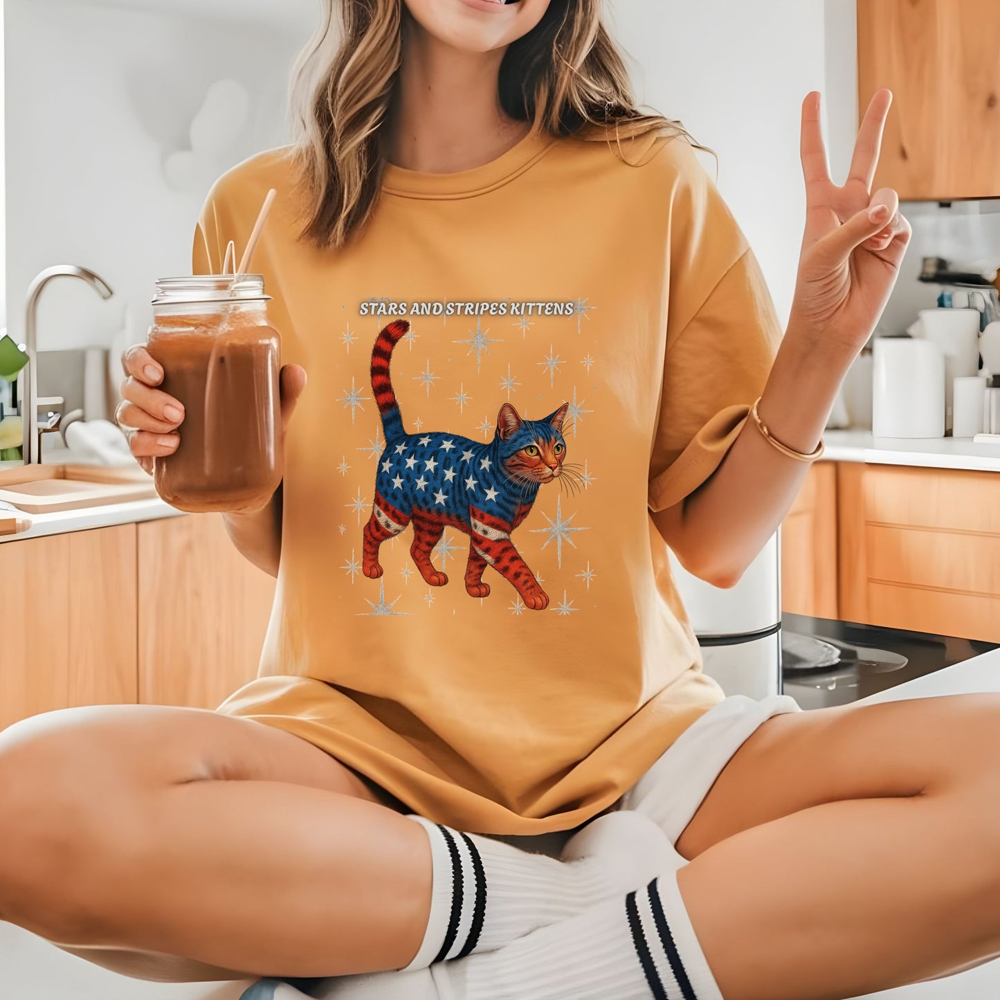Stars and Stripes Cat Unisex Tee Funny USA Flag Kitty Graphic Tee Patriotic Cat Shirt for 4th of July Bengal Cat Lovers Gift