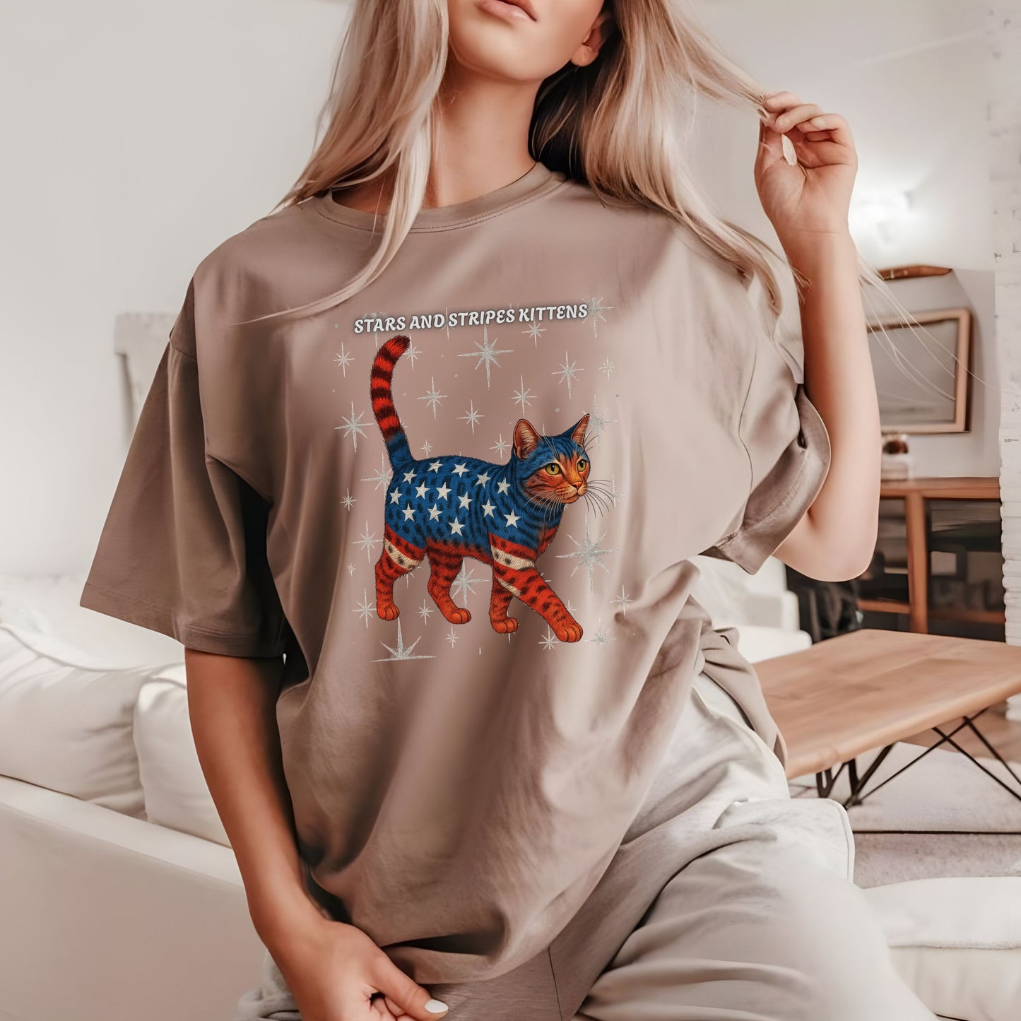 Stars and Stripes Cat Unisex Tee Funny USA Flag Kitty Graphic Tee Patriotic Cat Shirt for 4th of July Bengal Cat Lovers Gift