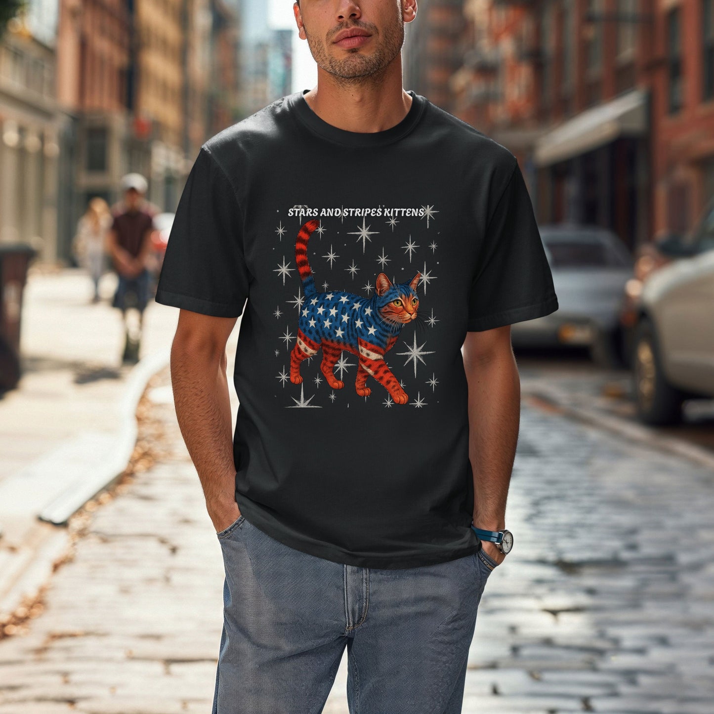 Stars and Stripes Cat Unisex Tee Funny USA Flag Kitty Graphic Tee Patriotic Cat Shirt for 4th of July Bengal Cat Lovers Gift
