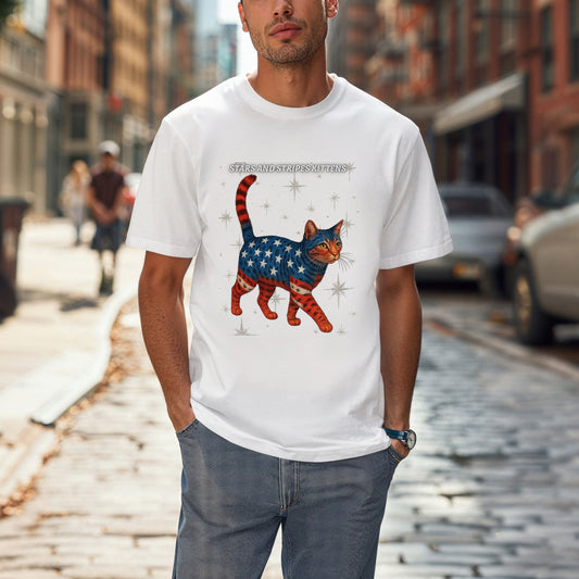 Stars and Stripes Cat Unisex Tee Funny USA Flag Kitty Graphic Tee Patriotic Cat Shirt for 4th of July Bengal Cat Lovers Gift