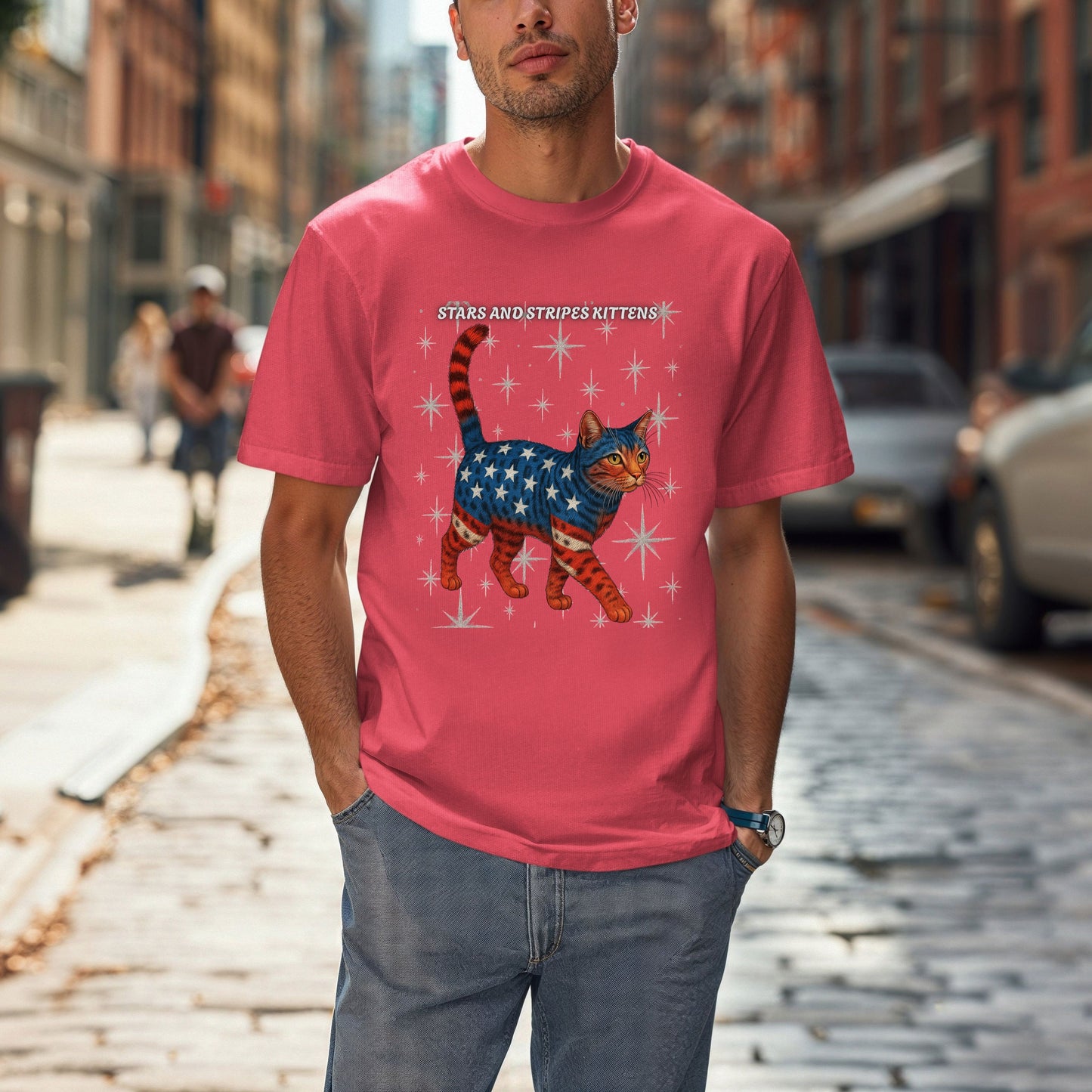 Stars and Stripes Cat Unisex Tee Funny USA Flag Kitty Graphic Tee Patriotic Cat Shirt for 4th of July Bengal Cat Lovers Gift