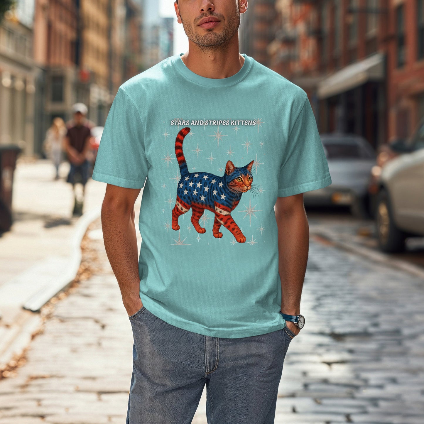 Stars and Stripes Cat Unisex Tee Funny USA Flag Kitty Graphic Tee Patriotic Cat Shirt for 4th of July Bengal Cat Lovers Gift