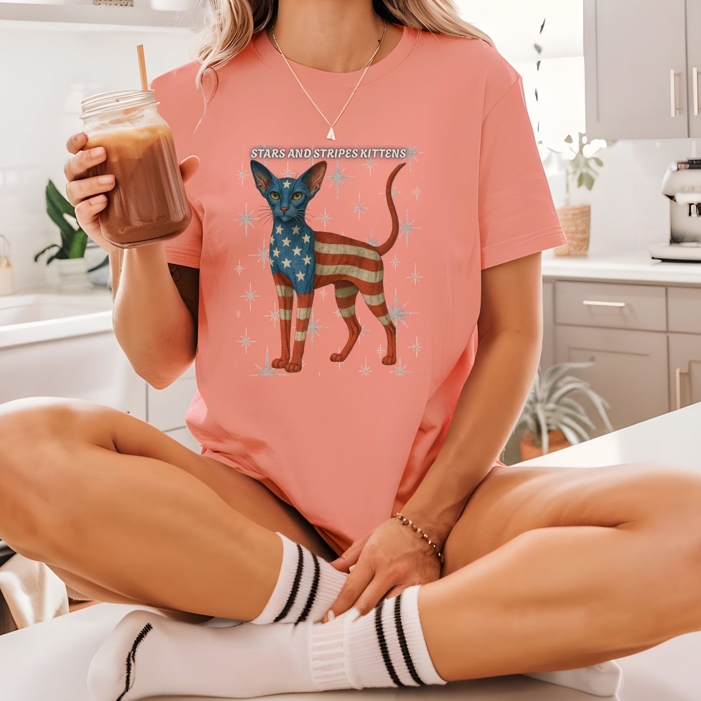Stars and Stripes Cat Unisex Tee Funny USA Flag Kitty Graphic Tee Patriotic Cat Shirt for 4th of July Oriental Shorthair Cat Lovers Gift