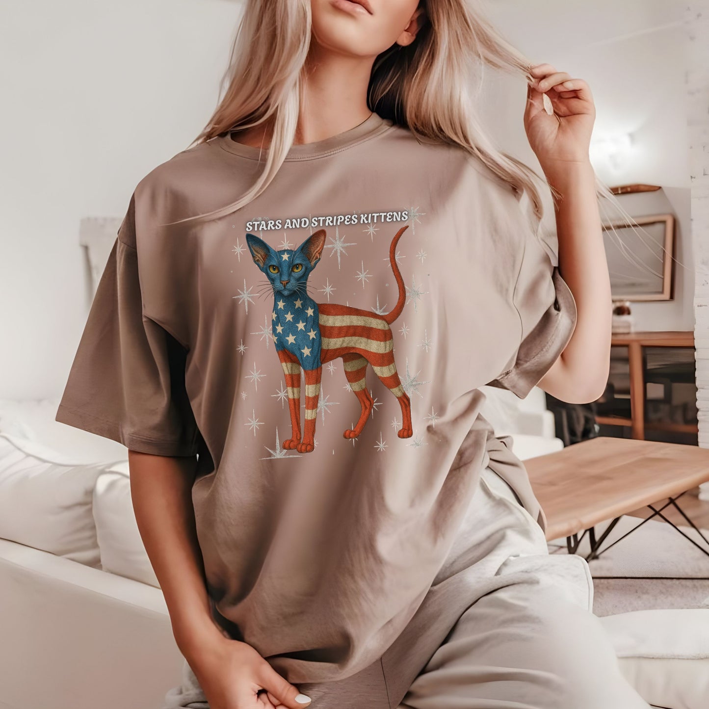 Stars and Stripes Cat Unisex Tee Funny USA Flag Kitty Graphic Tee Patriotic Cat Shirt for 4th of July Oriental Shorthair Cat Lovers Gift